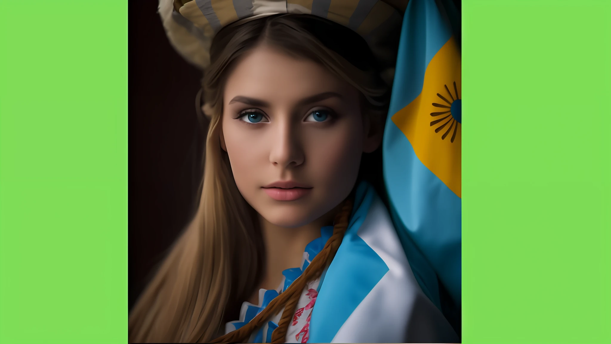 A beautiful Argentine girl half blonde and with lovely blue eyes, (wearing a typical Argentine robe: 1.2), 8K, (insanely detailed: 1.5), photograph similar to this image, 20 megapixels, Canon EOS R3, detailed skin, pale skin