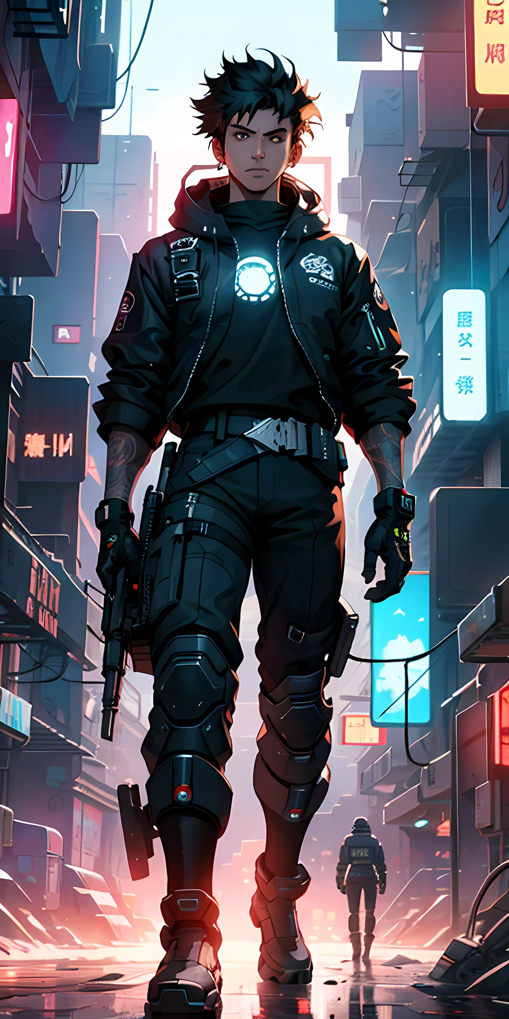 masterpiece, best quality, space cowboy in a cyberpunk city on another planet, scraps, crime, danger, dark color tones, cold, night