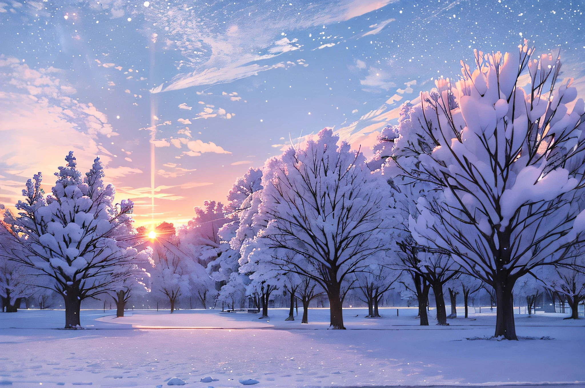 Beautiful natural landscape of city park in winter with fluffy deciduous trees covered with hoarfrost and snow caps at sunset in lilac and pink tones --auto --s2