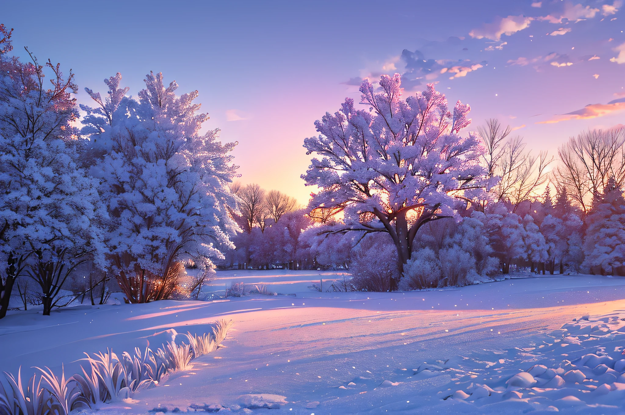 Beautiful natural landscape of city park in winter with fluffy deciduous trees covered with hoarfrost and snow caps at sunset in lilac and pink tones --auto --s2