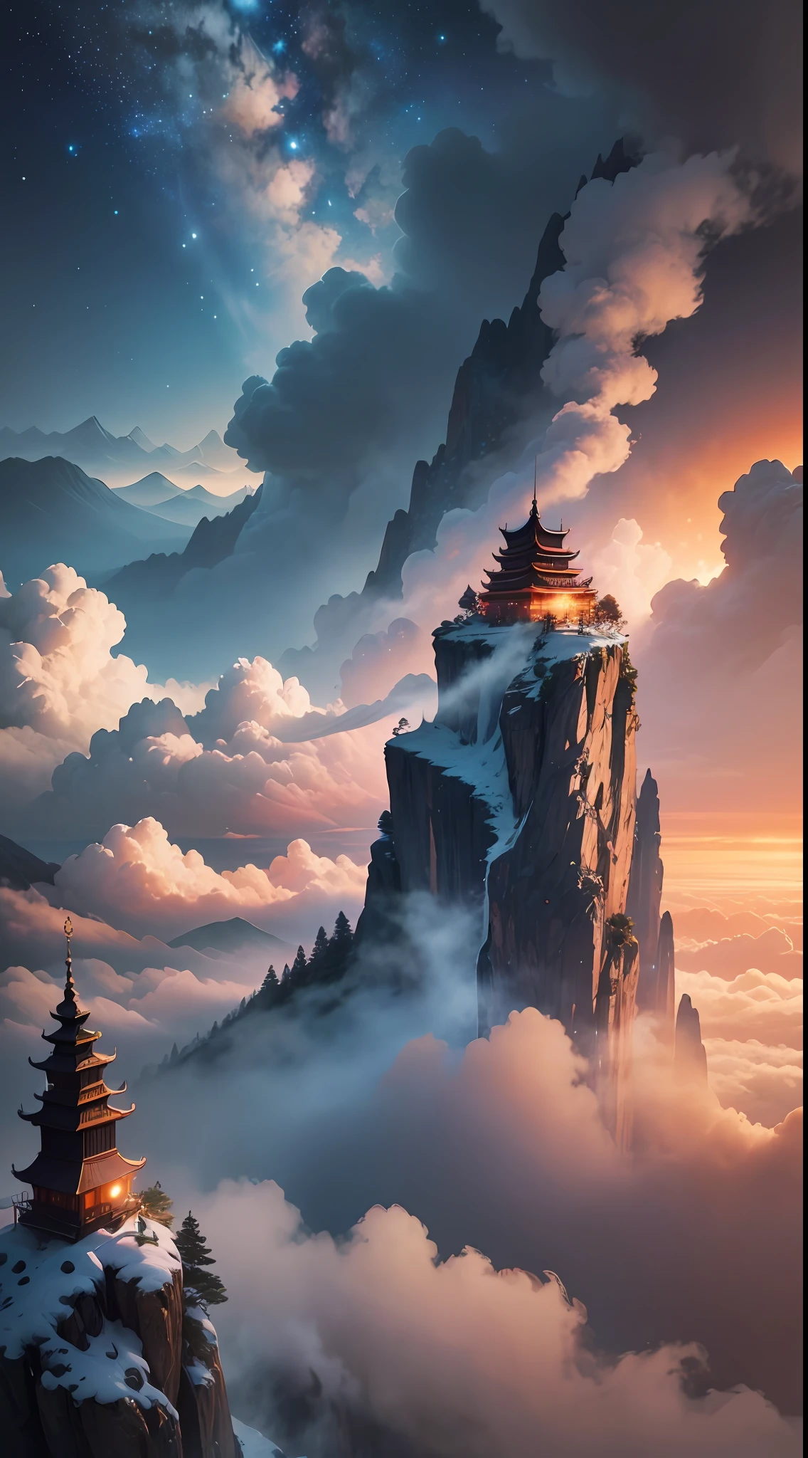 At the top of Wugong Mountain, steep cliffs greet the brilliant sunrise at dawn. The mist-shrouded sky creates a natural tapestry resembling a piece of woven silk. The Chinese five-star flag soars above the sea of clouds, shining like a jewel in the sky, brilliant and elusive. As the Chinese flag flutters in the wind, the stars shine on the clouds, creating a surreal sight reminiscent of a fairyland. This scene, beautiful and mysterious, inspires endless imagination and a fantastic sense of wonder. Realistic, cinematic, ultra-clear, modern, detailed, 8k-auto --auto --s2