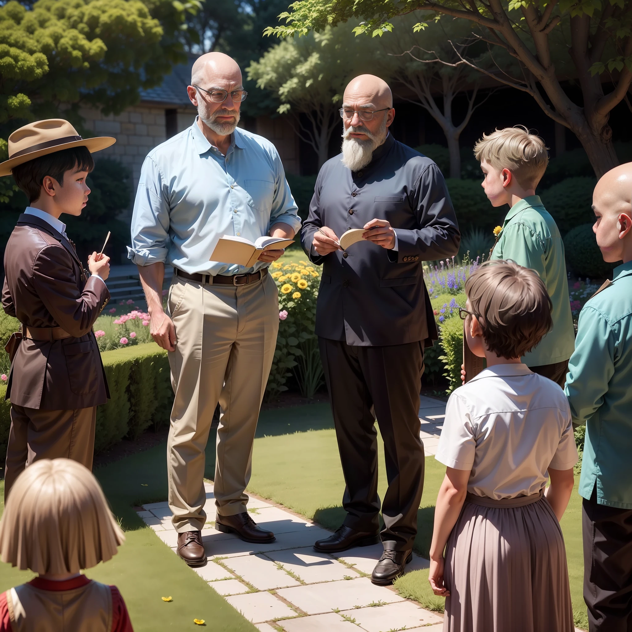 The bald, gray-bearded supervisor in the museum's garden guides a group of children on an educational visit. He uses his vast experience and knowledge to explain the different types of plants, flowers and trees, while the children watch in awe. He points to different characteristics, answering children's questions with patience and clarity. The children are fully engaged and excited as they learn about the natural world from this wise and experienced man.