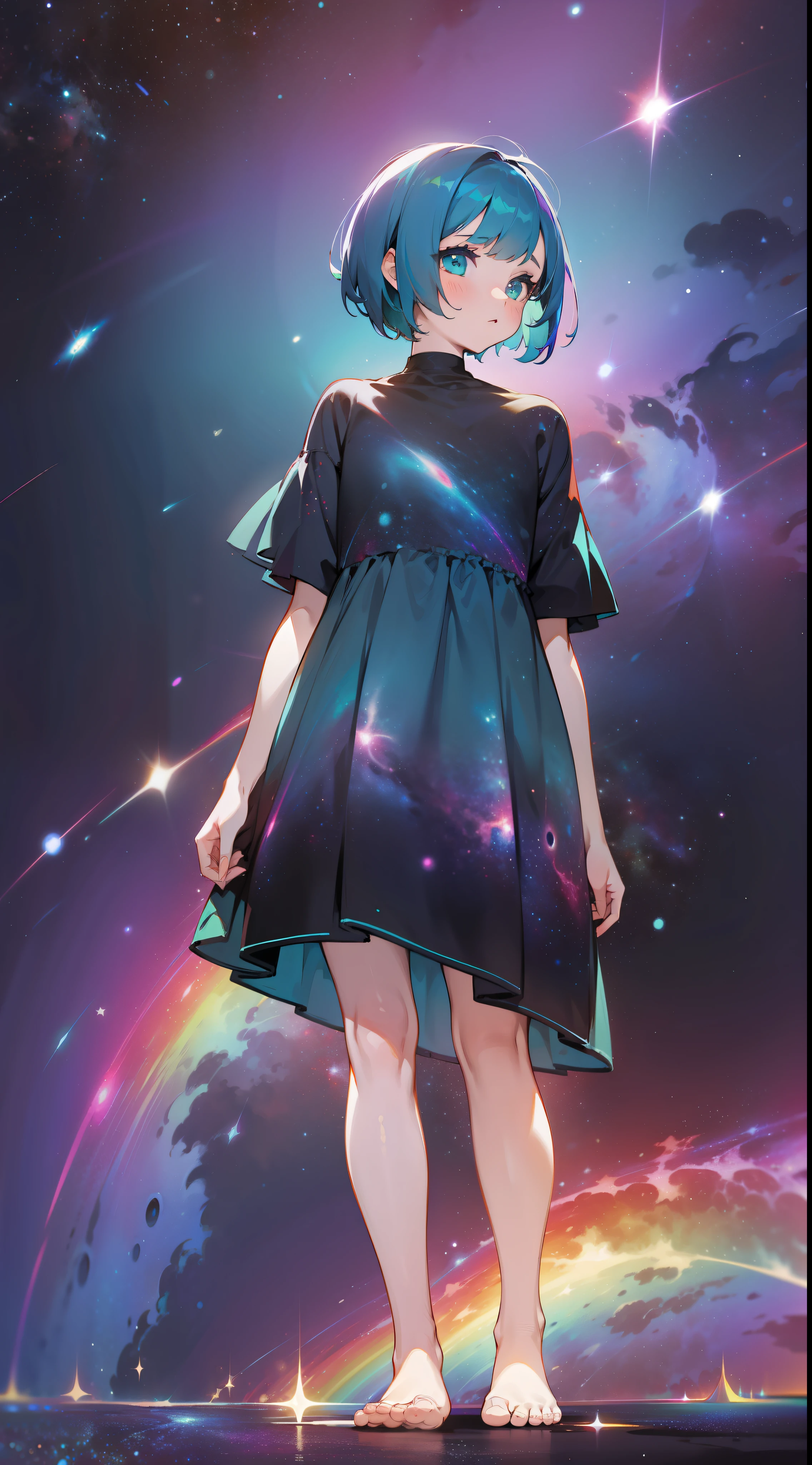 a girl, wildly rainbow colored short hair, dark fantasy, teal simple and short dress, barefoot, standing, cosmic nebula background, stars, galaxies
