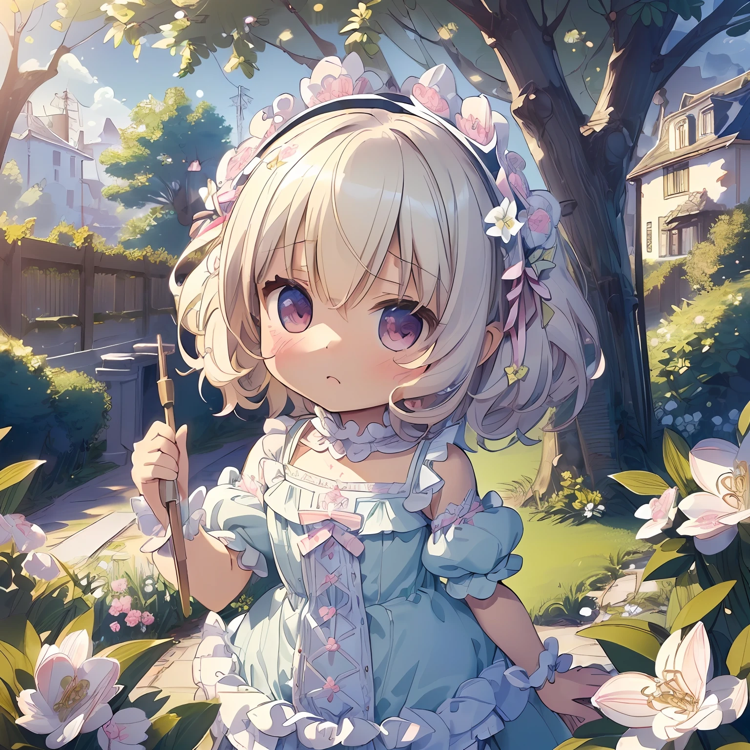 (masterpiece:1.2), (artwork:1.3), (amazing art:1.4), (best illustrator artist:1.3), (best luminosity), (best ultra-detailed, ultra-realistic, ultra-illustrated graphic:1.5), (chibi-cute+kawaii style:1.5) (kawaii cute best), (cute kawaii:1.2) 0.3), a cute  girl with short blonde hair, bright bright pearly pearly blue eyes bioluminescent luminecent, wearing a cute pink dress with fluffy ruffles,  in one (extremely detailed CG unit wallpaper:1.8), of a very beautiful garden with amazing flowers in a beautiful and well-illustrated painting, cinematic lighting of cinema studios Paramount and Wit. 0.8]
