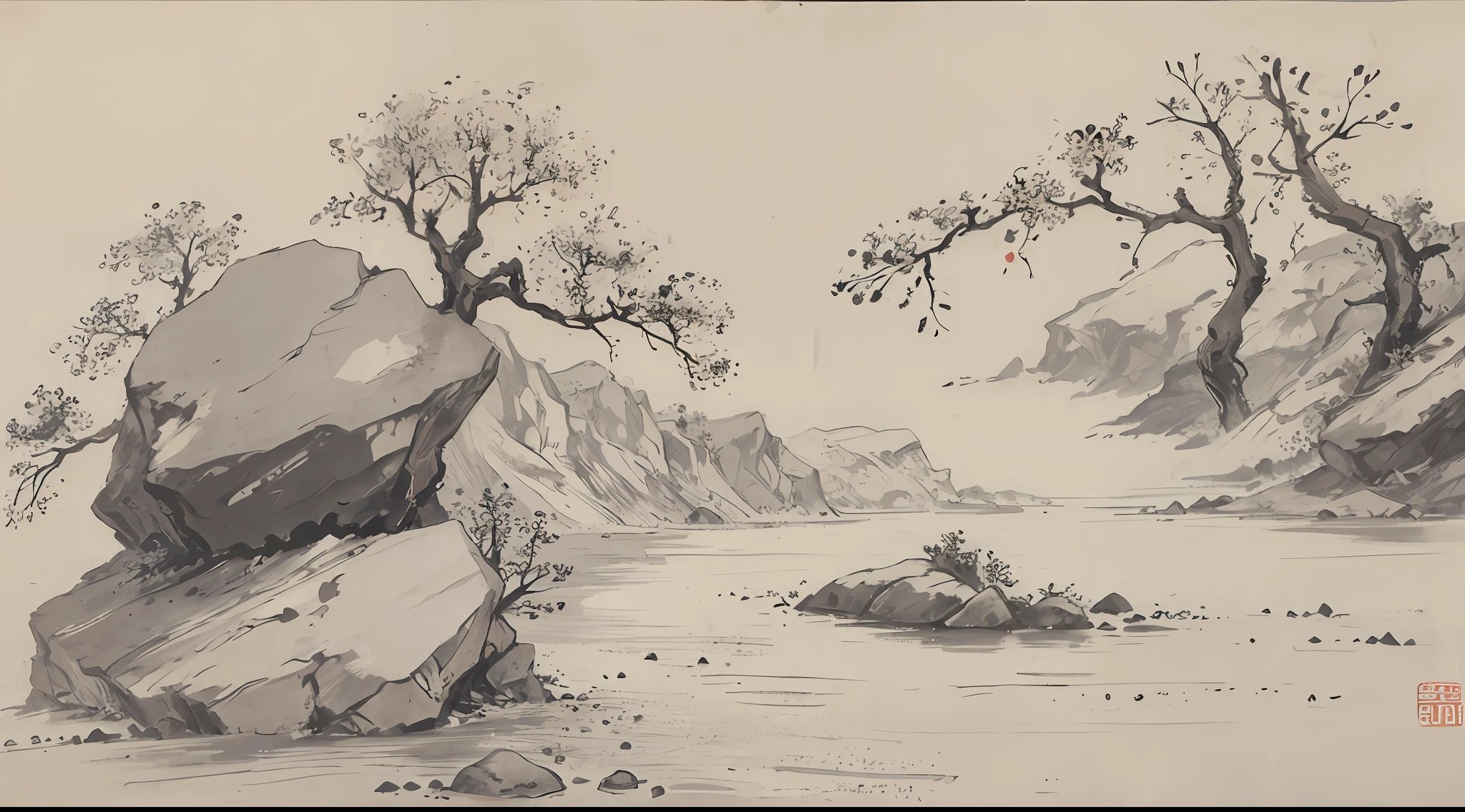 (Masterpiece, best quality: 1.2), isometric view, vista, traditional Chinese ink painting, a small river, across the river is an ancient town