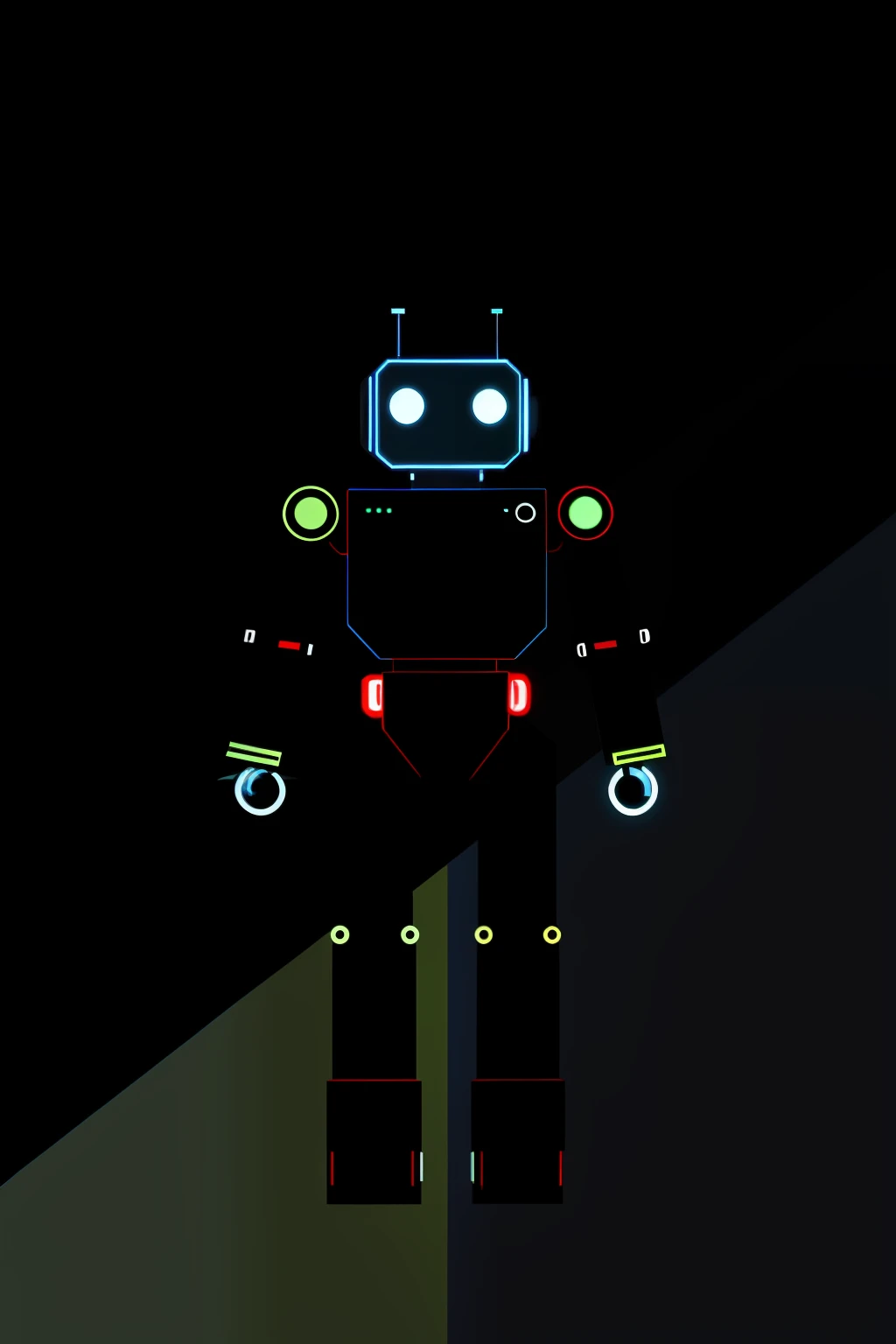 A humanoid-type robot in the colors blue, black, red and white and green, flying in cartoon style