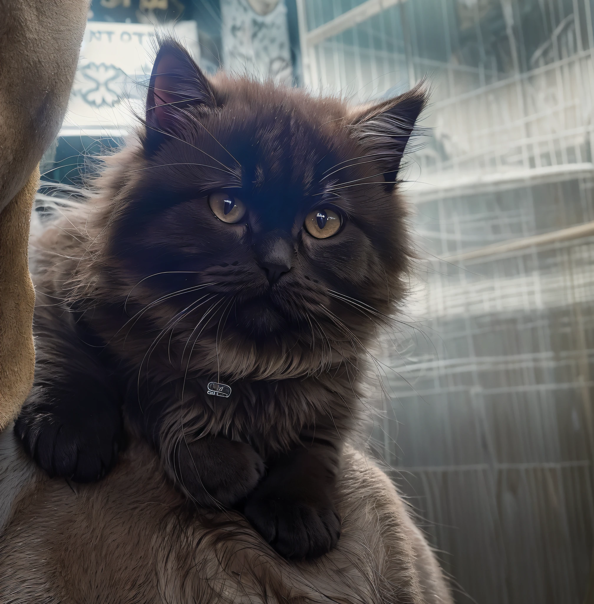 There is a man with a cat on his shoulder, cute furry who needs your help, look to the side, Persian cat, put it out to the camera, cat furry, furry neck, miniature kitten, look to his side, furry face, kitten puppy teddy mix, r/aww, look at the camera, world boss kitten, look into the camera