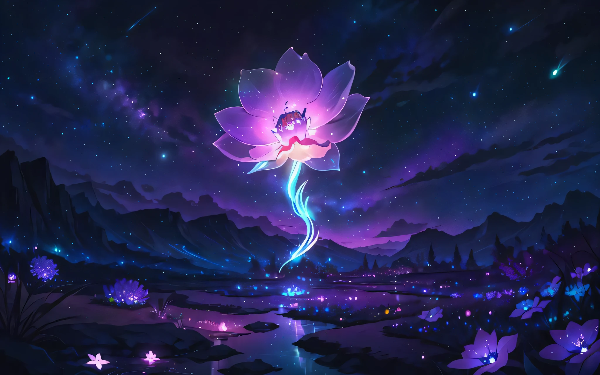 closeup of a magical glowing bioluminescent flower in a grand landscape, atmospheric lighting, fireflies, after hours, colorful, stream, night sky