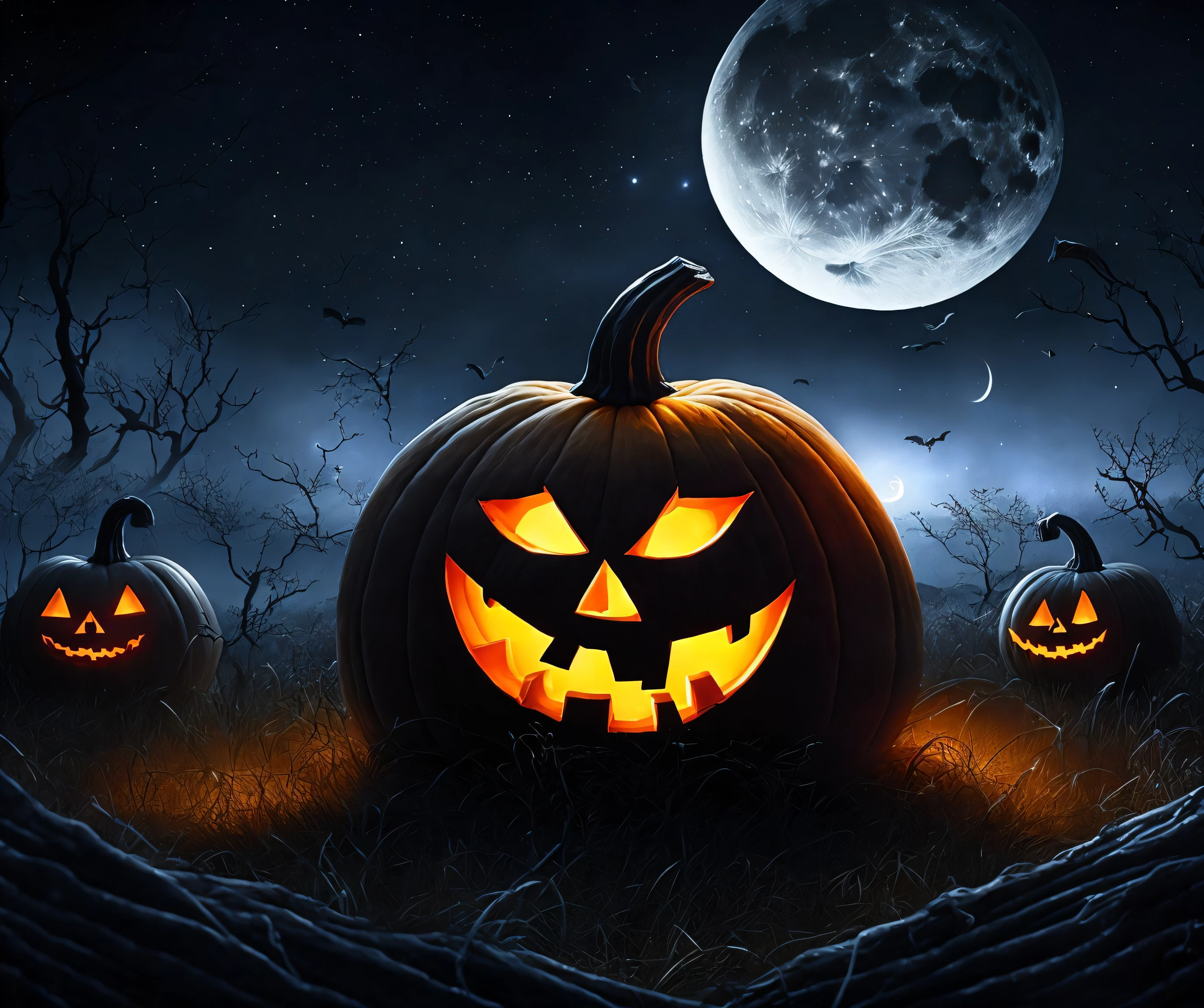 pumpkin patch, landscape, night, moon, cinematic, dark, moody, jack-o-lantern, halloween, spooky, candles, detailed, digital art