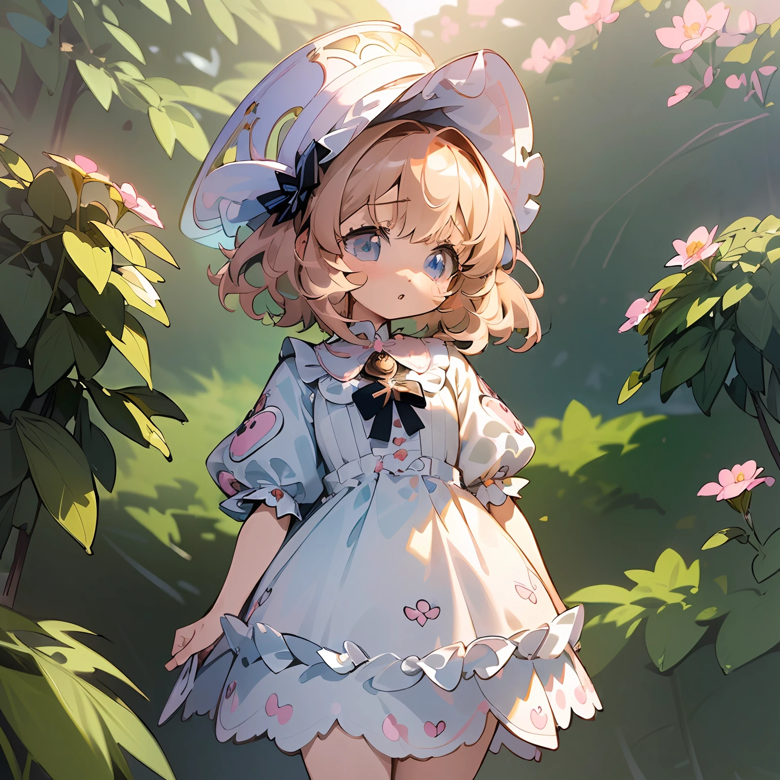 (masterpiece:1.2), (artwork:1.3), (amazing art:1.4), (best illustrator artist:1.3), (best luminosity), (best ultra-detailed, ultra-realistic, ultra-illustrated graphic:1.5), (chibi-cute+kawaii style:1.5) (kawaii cute best), (cute kawaii:1.2) 0.3), a cute  with short blonde hair, bright bright pearly pearly blue eyes bioluminescent luminecent, wearing a cute pink dress with fluffy ruffles,  in one (extremely detailed CG unit wallpaper:1.8), of a very beautiful garden with amazing flowers in a beautiful and well-illustrated painting, cinematic lighting of cinema studios Paramount and Wit. 0.8]