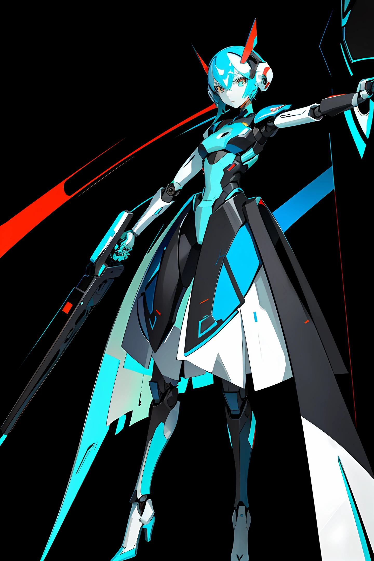 A humanoid-type robot in the colors blue, black, red and white and green, flying in cartoon style