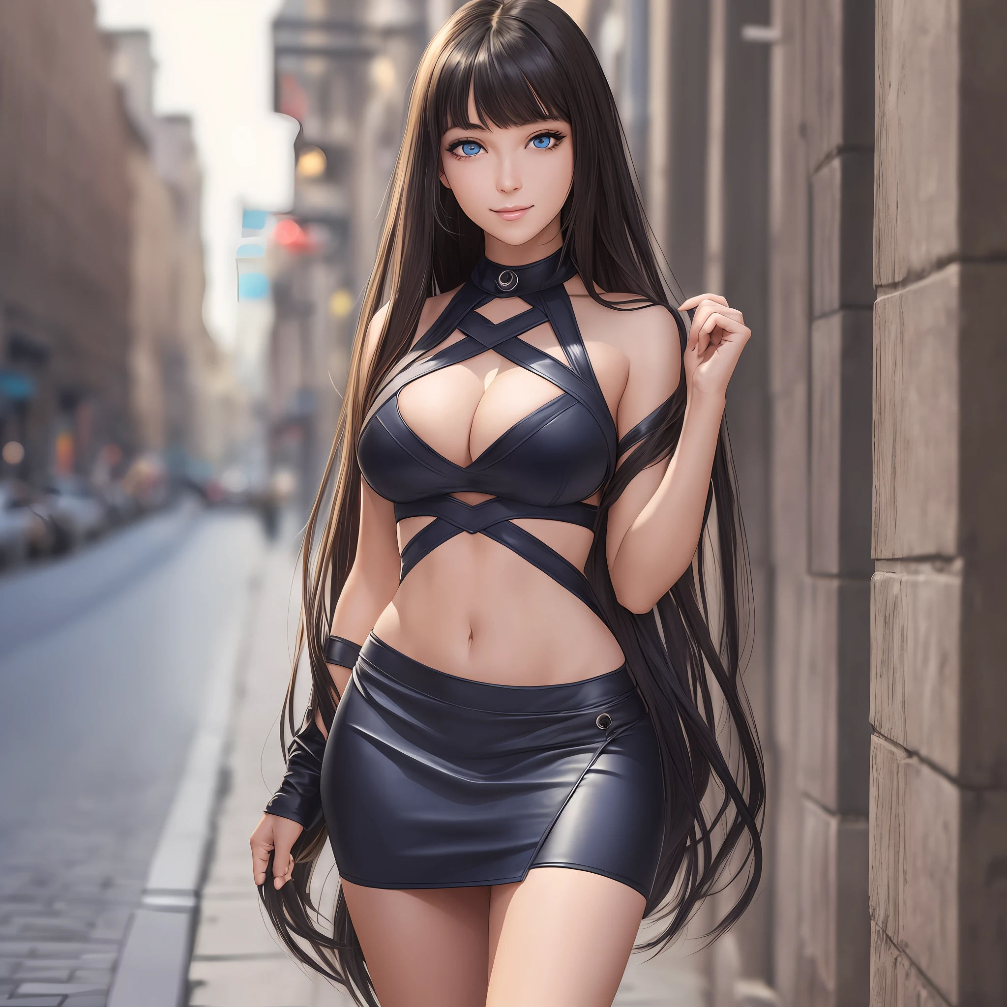 Masterpiece), (Best Quality), Real Photo, (Best Shadow), (Photorealistic: 1.1), (PureErosFace_V1:0.7), Sharp Focus: 1.2, Perfect Body Shape: 1.4, Slender Abs: 1.1, Detail Human Skin, Lens Flare, Shade, Backlight, (Depth of Field), (Natural Light), Film Grain, (( ( 1 girl)), ultra high resolution, (detailed eyes: 1.4), blue eyes, seductive smile, cute, (solo focus), (princess cut hair with dull bangs, long hair down), long hair, (huge breasts: 1.8), (pretty big breasts), detailed background, 18 years old, ((solo)), (shiny skin), mouth closed, (look at the beholder), (look at the front), (smile 512:0.3), ( Open mouth;0.2), (full body photo), (street fashion), tight skirt, highly detailed face and skin texture, detailed eyes, modern style, one girl