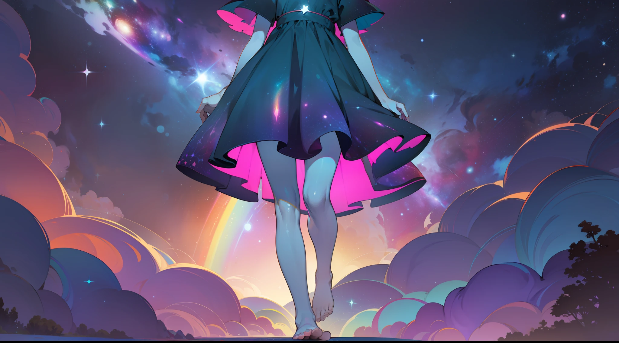 a , wildly rainbow colored short hair, dark fantasy, teal simple and short dress, barefoot, walking in the stars, cosmic nebula background, stars, galaxies