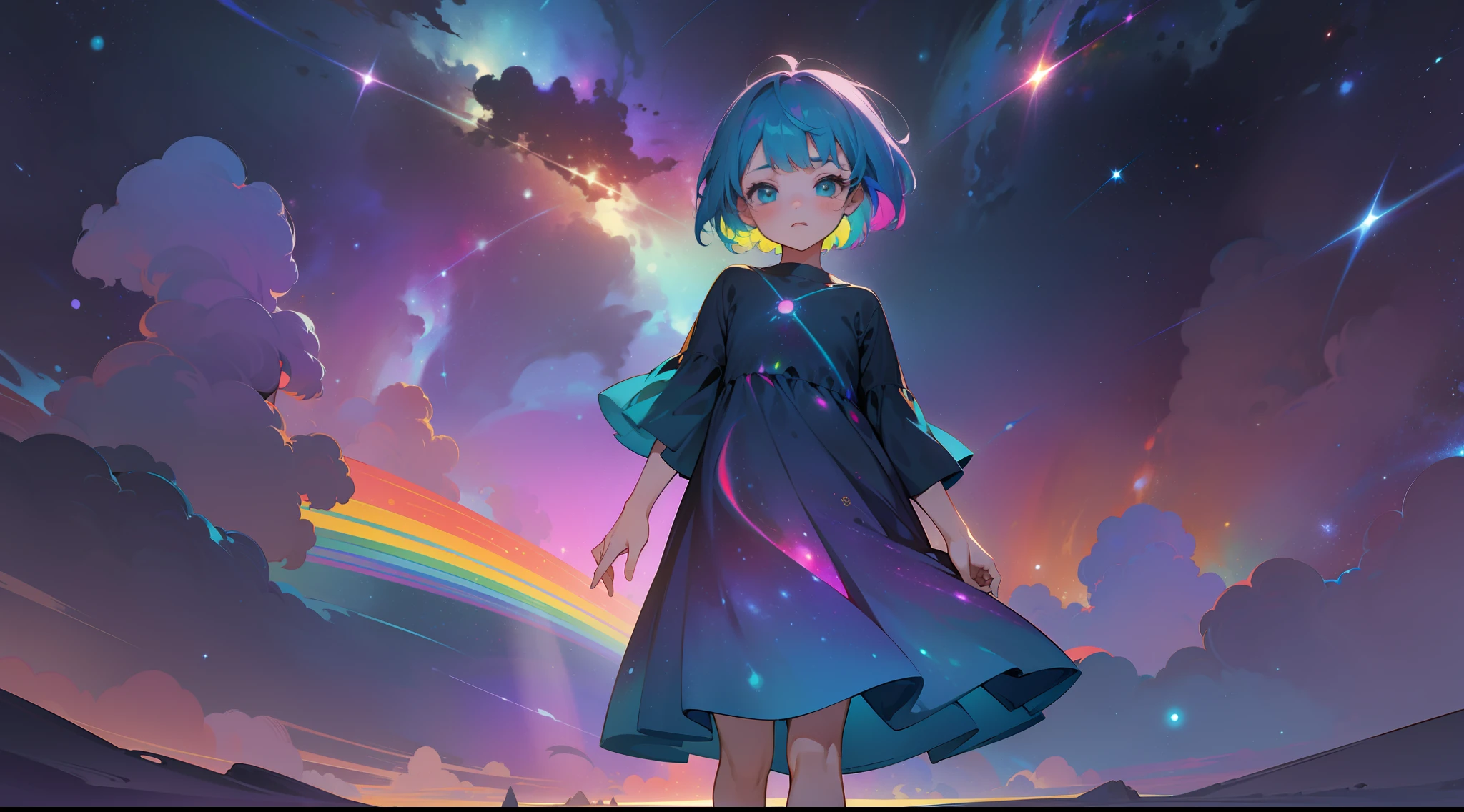 a little girl, wildly rainbow colored short hair, dark fantasy, teal simple and short dress, barefoot, walking in the stars, cosmic nebula background, stars, galaxies