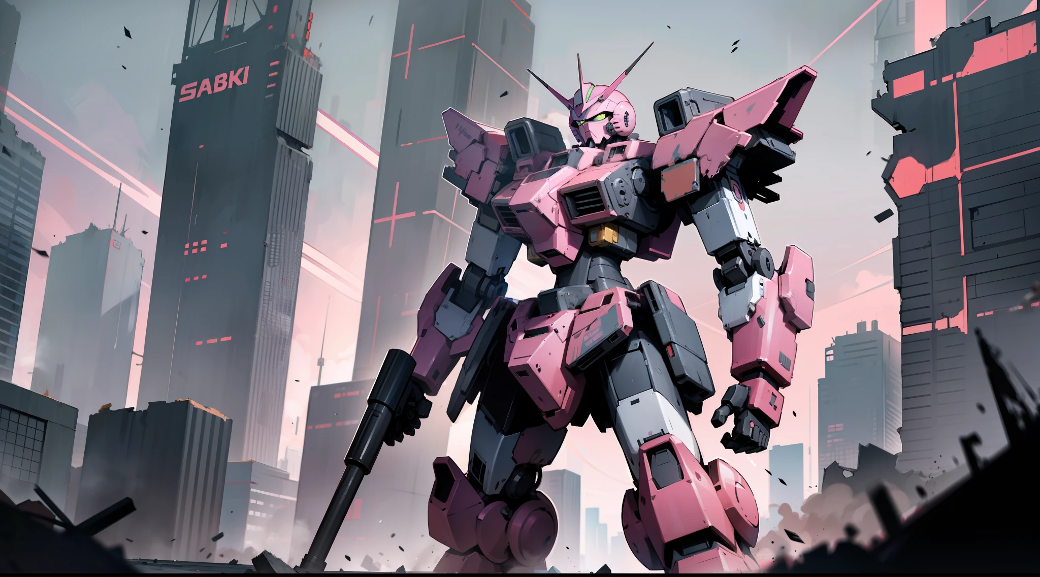 a dark black and pink mecha giant robot with a drill, standing, in a destroyed metropolis