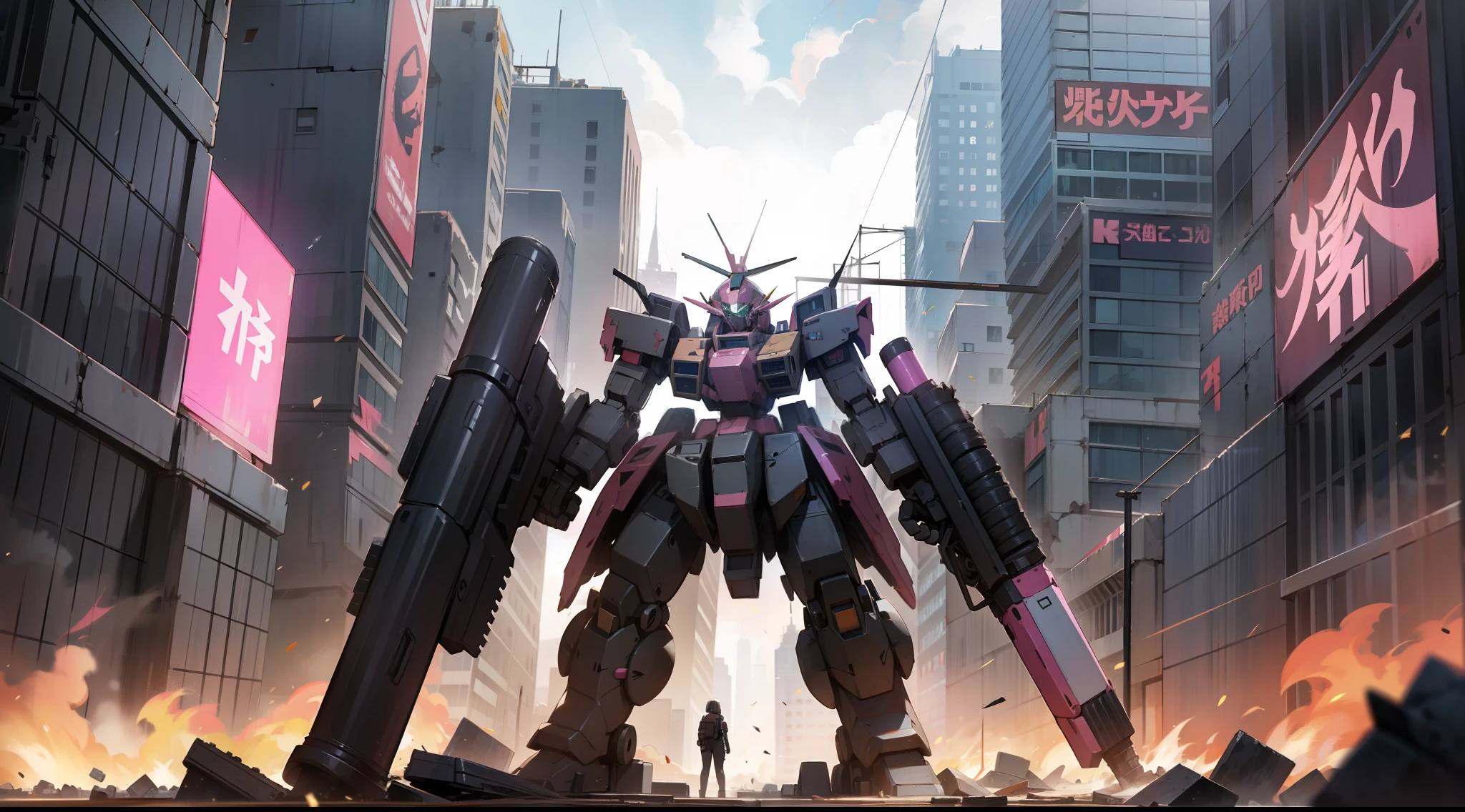 a dark black and pink mecha giant robot with a drill, standing, in a destroyed metropolis