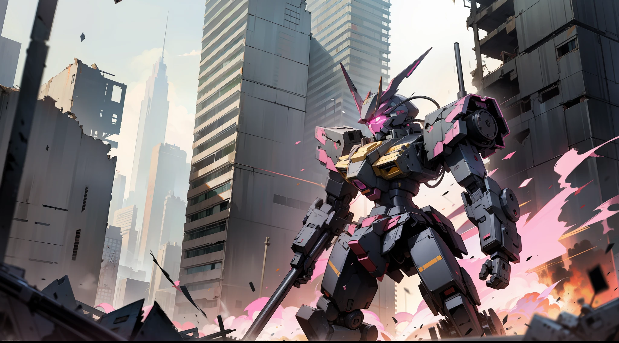 a dark black and pink mecha giant robot with a drill, standing, in a destroyed metropolis