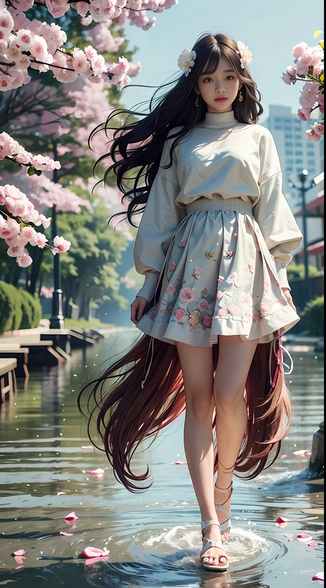 1 Girl Walking on the River, Mix 4, Sweater, Pillow, Lips, open_mouth, Realism, photo_\(Medium\), Solo, stuffed_animal, stuffed_toy, teddy_bear, (Masterpiece), (Realistic: 1.3), Ultra Detail, (High Detail Skin: 1.2), (Best Quality: 1.0), (Ultra High Resolution: 1.0), (Ulzzang-6500:0.3), Wavy Detail Hair, long hair, sunlight, (beautiful detail makeup), floral theme petals scattered, (soft glow flood: 0.5), full body, full body photo