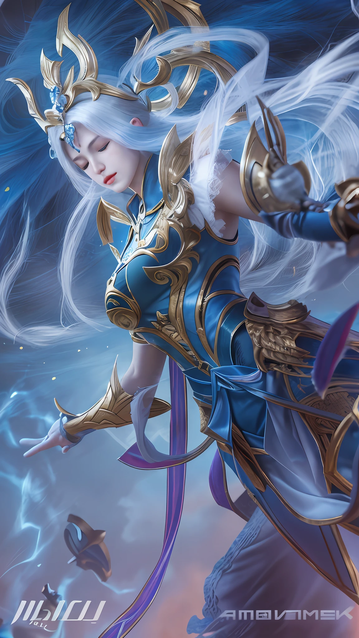 Masterpiece, realistis, high detailed, realistic cloth texture, realistic skin texture, closed eyes, partical elements, fighting pose, bennedetta from mobile legends, realistic skin, realistic hair, large breast