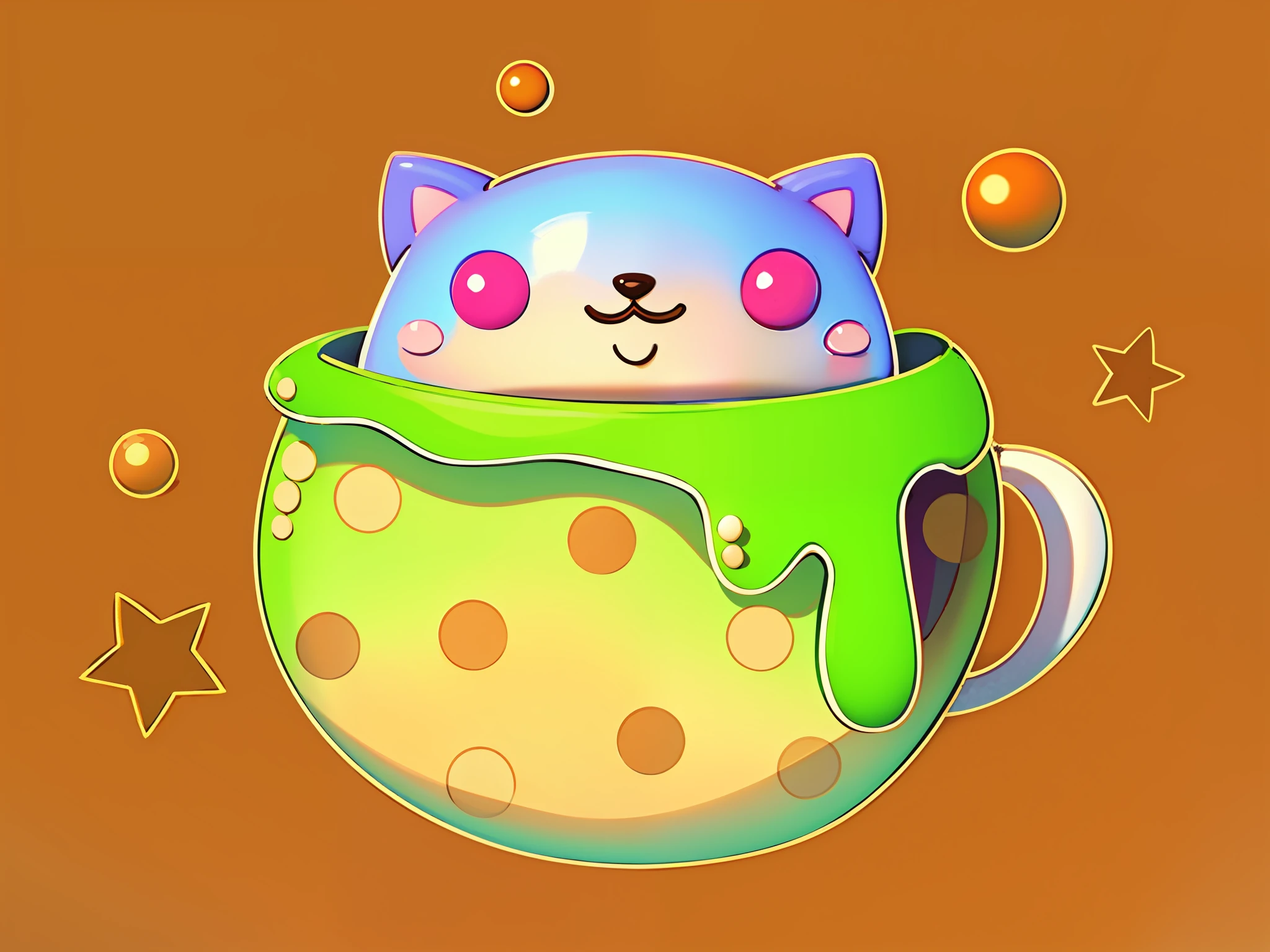 Cat inside a chocolate cup, colorful forest, honey in the soil, cute, cute