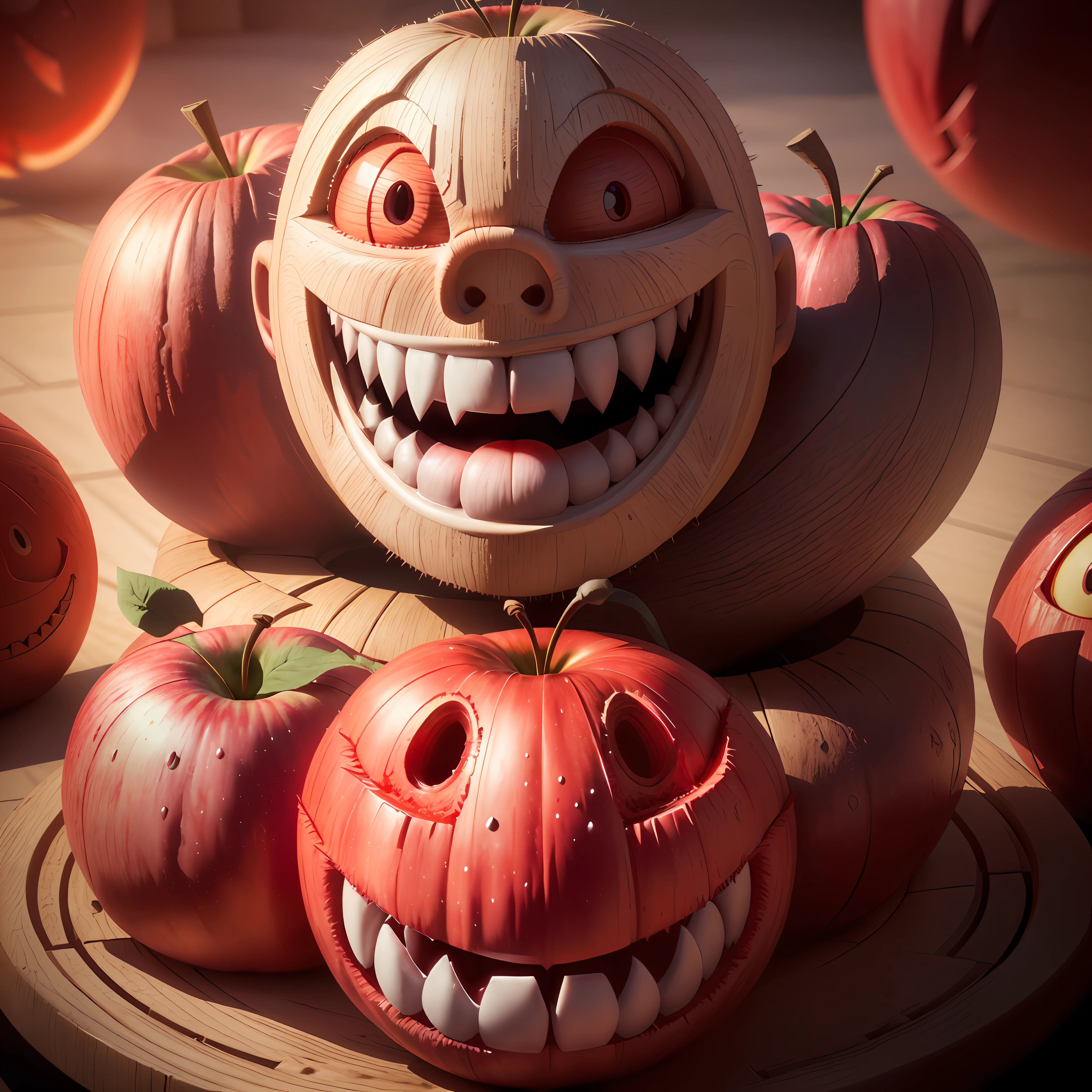 there is a red apple with a big smile on it, fruit monster, creepy evil smile, evil grin, fairy fruit. octane render, evil insane smiling laugh, wide evil grin, tomato monster, evil smile, big evil grin, 3 d cg, red realistic 3 d render, 3d cg, angry smile, scary smile, evil crazy laugh, evil villain grin