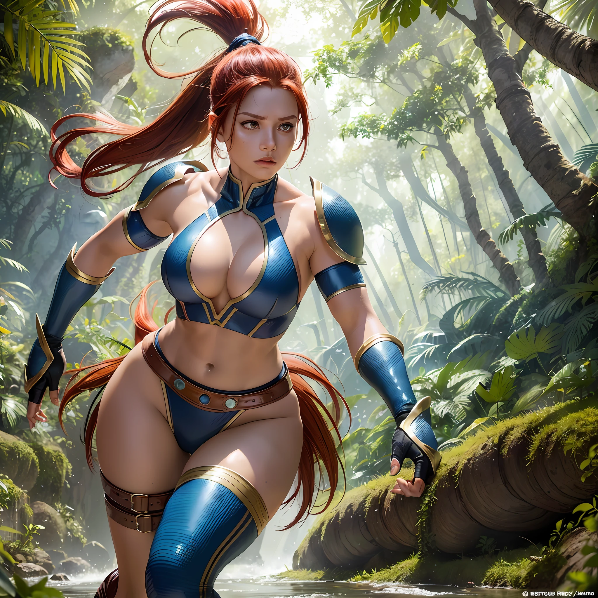 A hyper-realistic image of an Amazonian warrior woman in the Jurassic era, redhead, ponytail hair, perfect curved body, dynamic sunset sunlight filtering through foliage, fleeing from a dinosaur, camera Positioned at a low and open angle, capturing the power and strength of the warrior, Natural earthy tones with pops of grays and blues