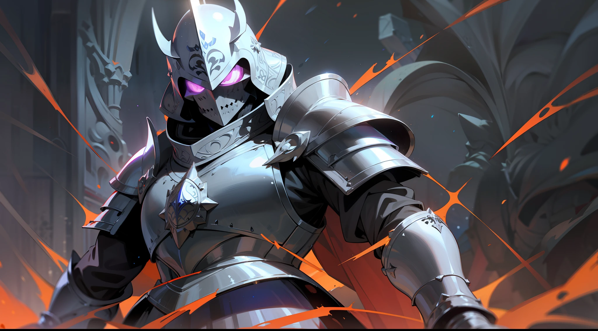 a mad angry medieval dark knight, detailed armor, detailed helmet, detailed large black sword, mystic dark jewels in the armor, cosmic dark hole background