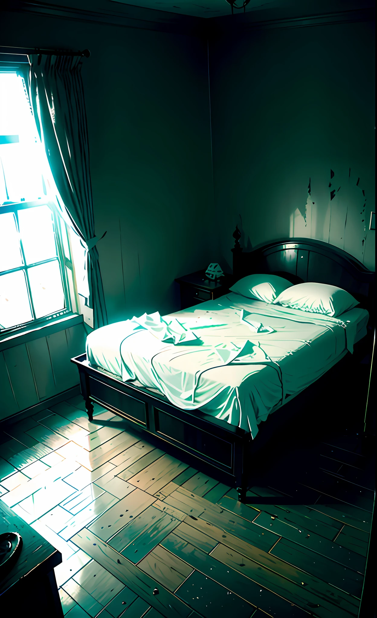 In a gloomy bedroom, there is an eerie atmosphere. There are cracks and stale wallpaper on the walls, and the beds are lined with tattered dolls and faded sheets. In the center of the room is an old wooden bed, covered with a thick layer of dust.
[3] = The bedroom environment is dark and dreary, with closed curtains and no sunlight coming in. The room was filled with a gloomy and cold atmosphere, making people feel uneasy and frightened.
[4] = This bedroom exudes an atmosphere of oppression and terror, making people feel palpitations and unease. Cracks in the walls and stale wallpaper add to the eerie feeling of the room.
[5] = Photography, using low contrast and cool tones to represent the darkness and horror of the bedroom.
[6] = Use professional photographic equipment and appropriate photographic techniques to achieve photographic results. Highlight the darkness and horror of the bedroom with low contrast and cool tones.