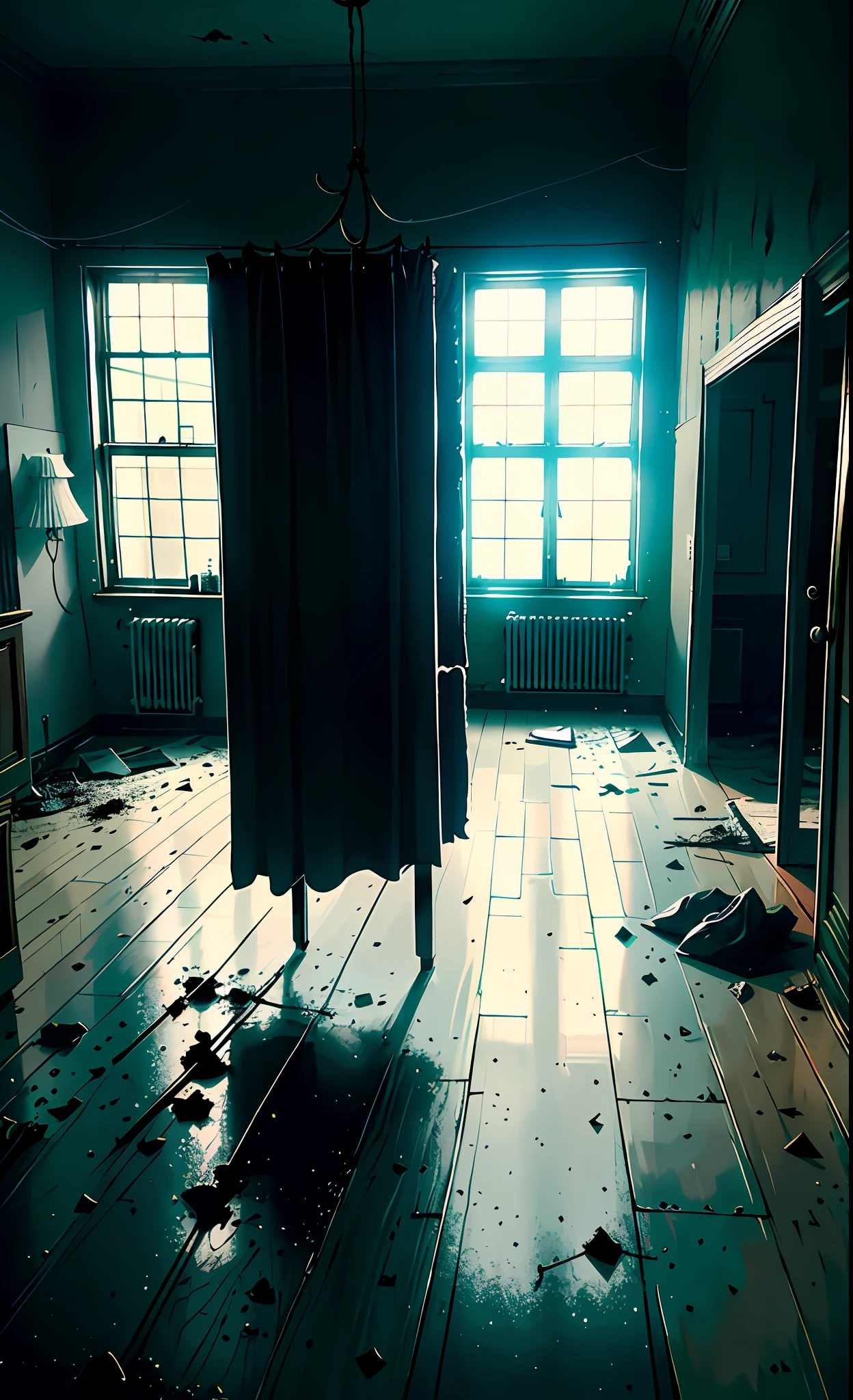 In a gloomy bedroom, there is an eerie atmosphere. There are cracks and stale wallpaper on the walls, and the beds are lined with tattered dolls and faded sheets. In the center of the room is an old wooden bed, covered with a thick layer of dust.
[3] = The bedroom environment is dark and dreary, with closed curtains and no sunlight coming in. The room was filled with a gloomy and cold atmosphere, making people feel uneasy and frightened.
[4] = This bedroom exudes an atmosphere of oppression and terror, making people feel palpitations and unease. Cracks in the walls and stale wallpaper add to the eerie feeling of the room.
[5] = Photography, using low contrast and cool tones to represent the darkness and horror of the bedroom.
[6] = Use professional photographic equipment and appropriate photographic techniques to achieve photographic results. Highlight the darkness and horror of the bedroom with low contrast and cool tones.