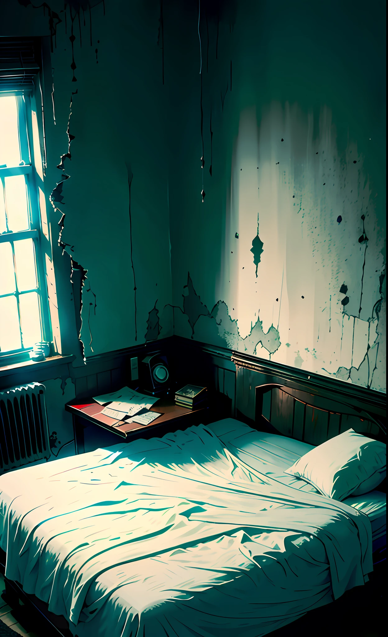 In a gloomy bedroom, there is an eerie atmosphere. There are cracks and stale wallpaper on the walls, and the beds are lined with tattered dolls and faded sheets. In the center of the room is an old wooden bed, covered with a thick layer of dust.
[3] = The bedroom environment is dark and dreary, with closed curtains and no sunlight coming in. The room was filled with a gloomy and cold atmosphere, making people feel uneasy and frightened.
[4] = This bedroom exudes an atmosphere of oppression and terror, making people feel palpitations and unease. Cracks in the walls and stale wallpaper add to the eerie feeling of the room.
[5] = Photography, using low contrast and cool tones to represent the darkness and horror of the bedroom.
[6] = Use professional photographic equipment and appropriate photographic techniques to achieve photographic results. Highlight the darkness and horror of the bedroom with low contrast and cool tones.