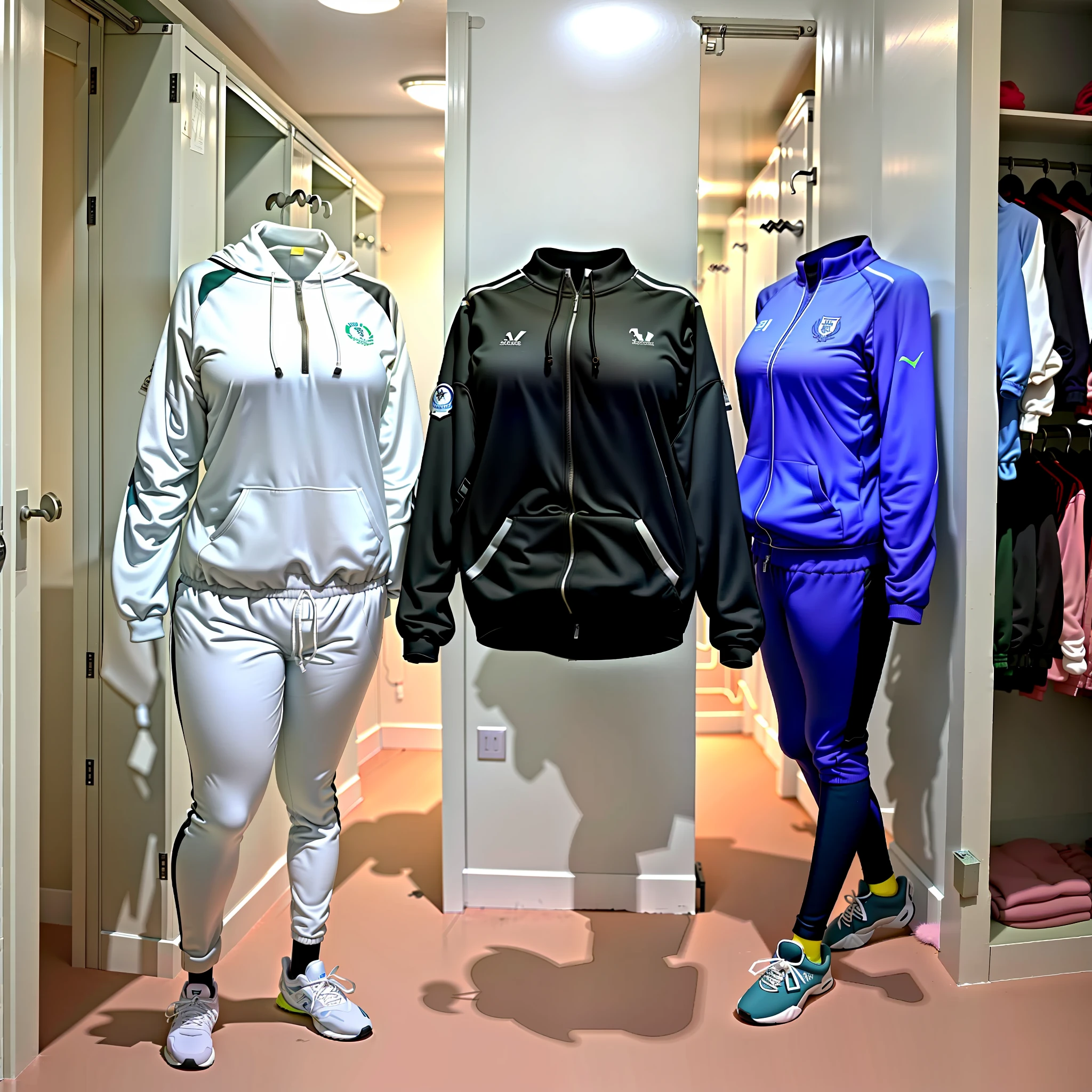 Invisible girls, world without humans, headless, tracksuits, (realistic: 0), headless, empty, handless, headless, invisible girls, tracksuits with cleavages, school sweater, empty clothes, invisible body, invisible head, empty clothes, invisible girl, uniforms, invisible body, invisible head, school uniforms has big breasts, tights, hanger tracksuits in a closet swells as if worn by invisible busty girls, girl's busty tracksuits begin to pose on its own as if worn by invisible girls,