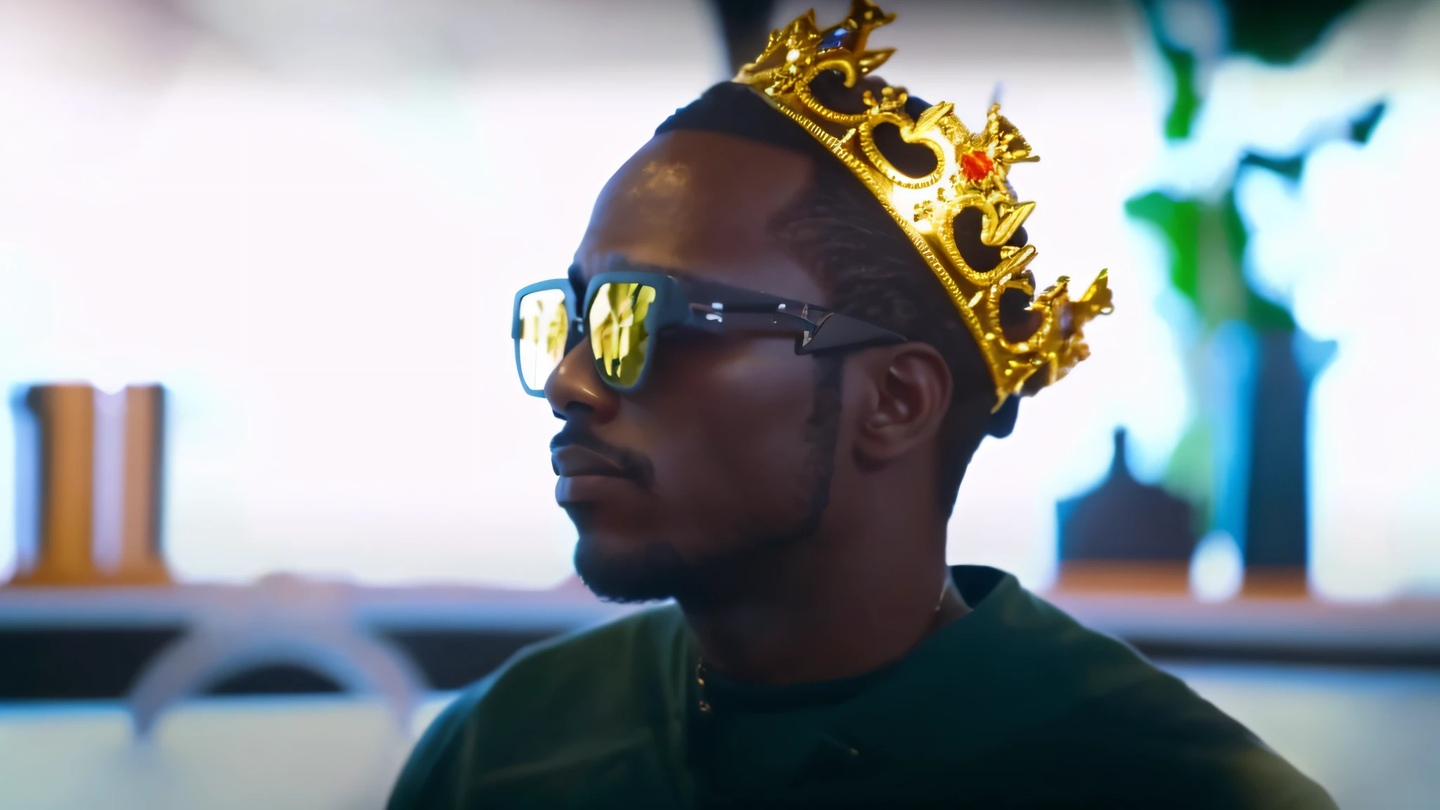 there is a man wearing a crown and sunglasses on his head, man with a crown, crown on head, in a crown, with a gold crown, wearing a crown, wearing a golden crown, official music video, wearing kings crown, wearing crown, ruler of everything, with a crown, wearing huge golden crown, futuristic ar glasses, with a spine crown