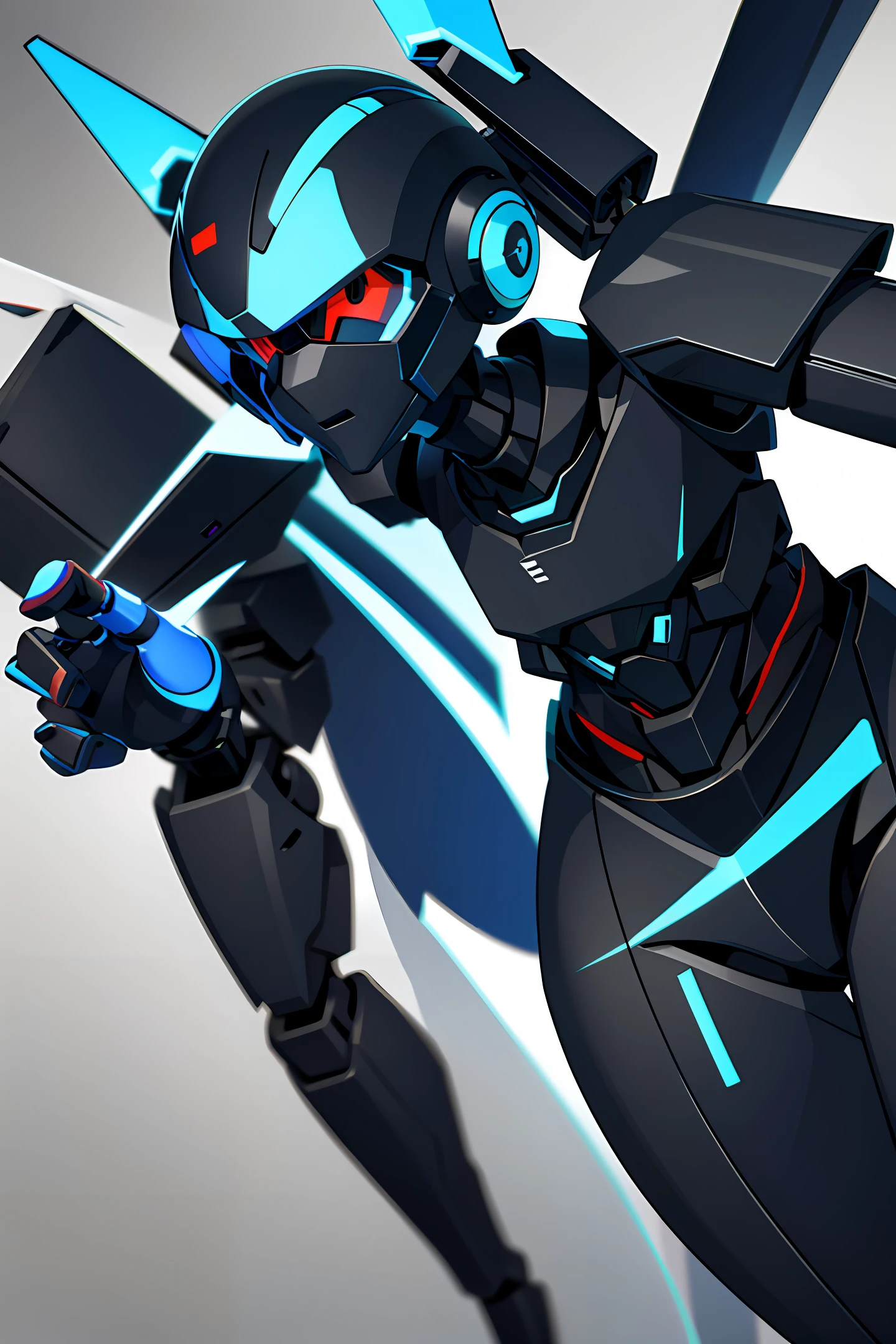 A humanoid-type robot in the colors blue, black, red and white and green, flying in cartoon style
