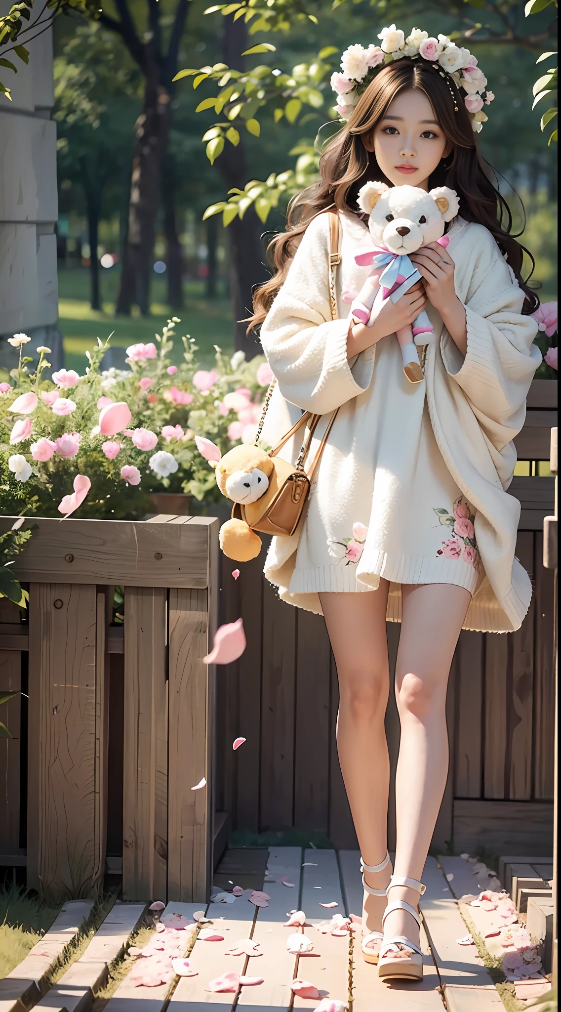 1 Girl Walking on the River, Mix 4, Sweater, Pillow, Lips, open_mouth, Realism, photo_\(Medium\), Solo, stuffed_animal, stuffed_toy, teddy_bear, (Masterpiece), (Realistic: 1.3), Ultra Detail, (High Detail Skin: 1.2), (Best Quality: 1.0), (Ultra High Resolution: 1.0), (Ulzzang-6500:0.3), Wavy Detail Hair, long hair, sunlight, (beautiful detail makeup), floral theme petals scattered, (soft glow flood: 0.5), full body, full body photo