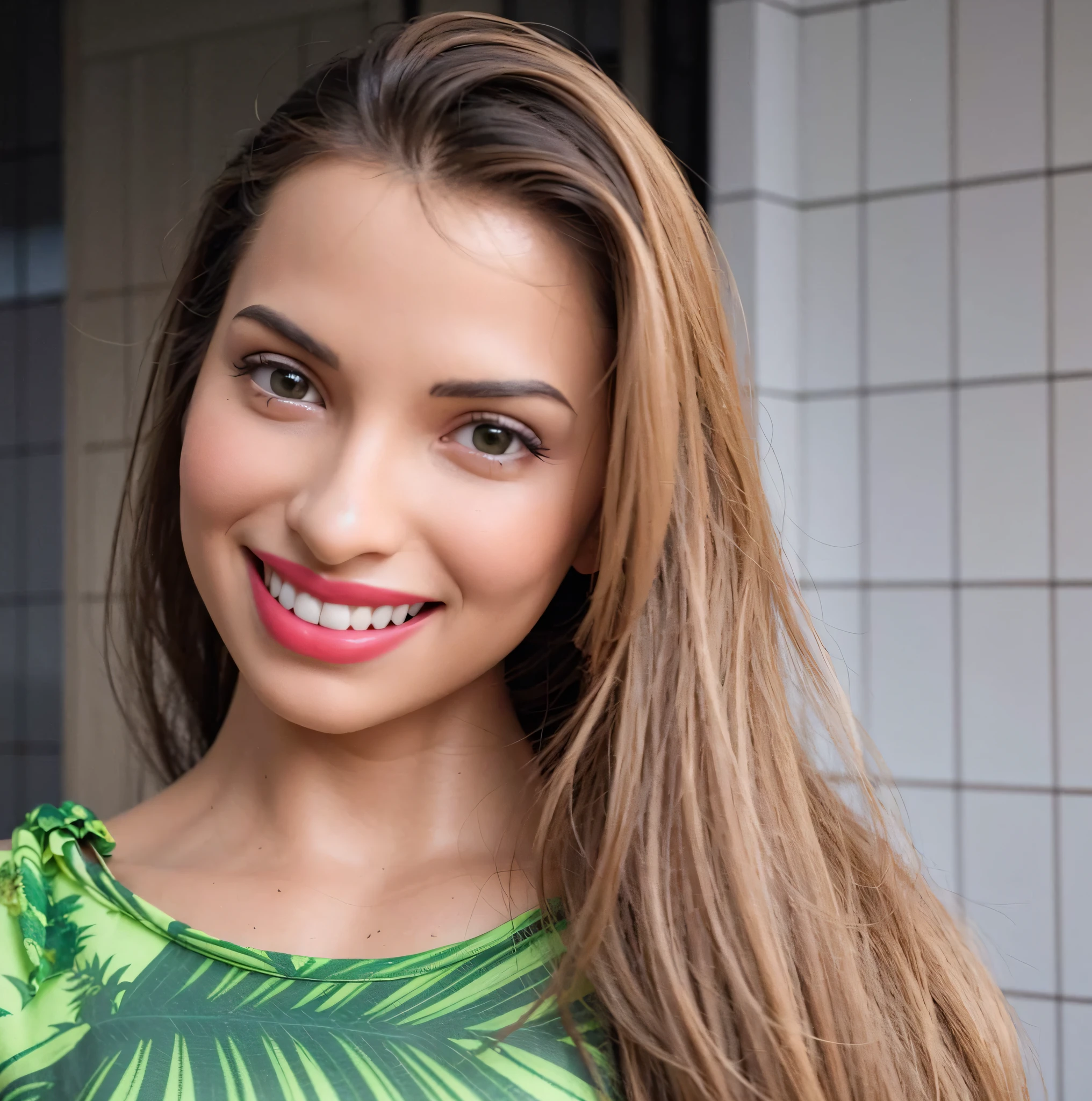 there is a woman with long hair and a smiling green dress, Remove the background from the photo and put the beach theme. Hello! I would like to order a custom 3D image from a photo of mine. The photo is a selfie and I would like the 3D image to depict a three-dimensional version of the photo, with the details and features of my face. Also, it would be amazing if the 3D image could be rendered in a slightly different pose, with an elegant background that highlights beauty.
