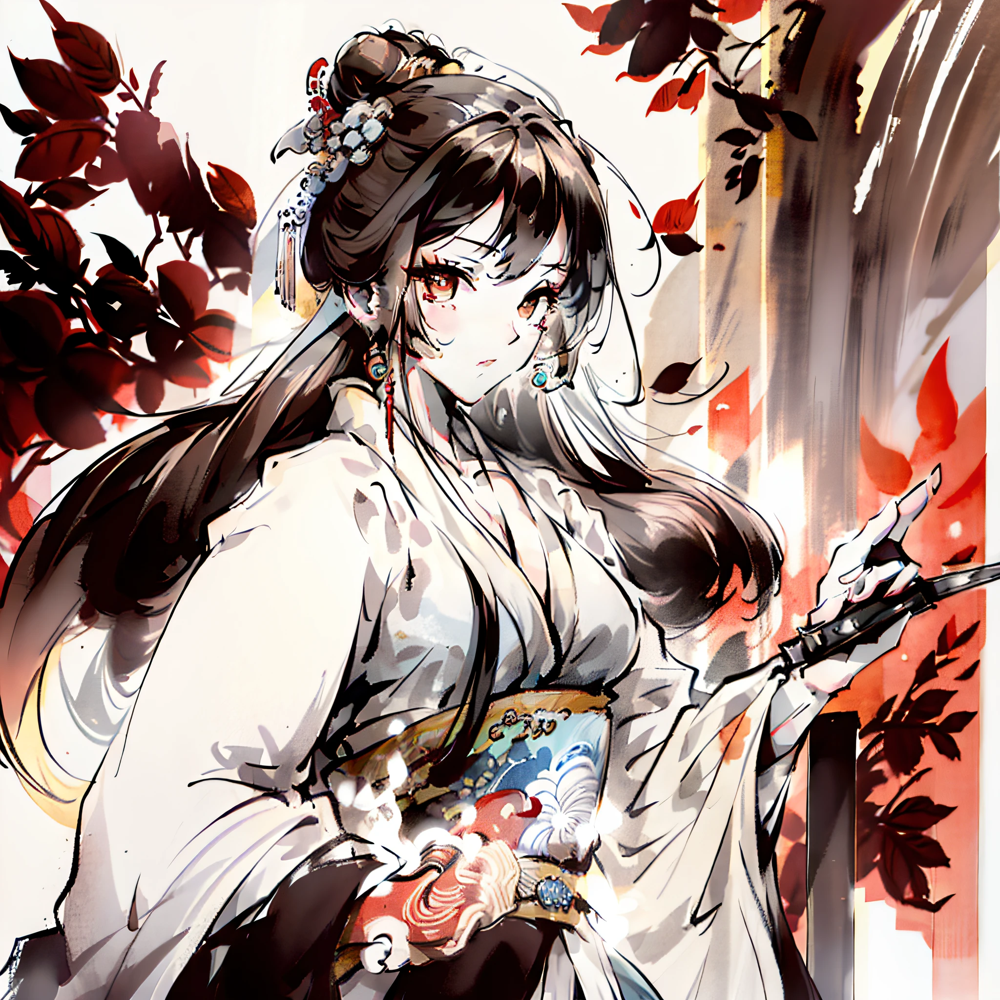 Antique Style Chivalry Chinese Style Beautiful woman in white gauze Hanfu holding a sword fighting Ink style Hanfu Chinese painting ink style