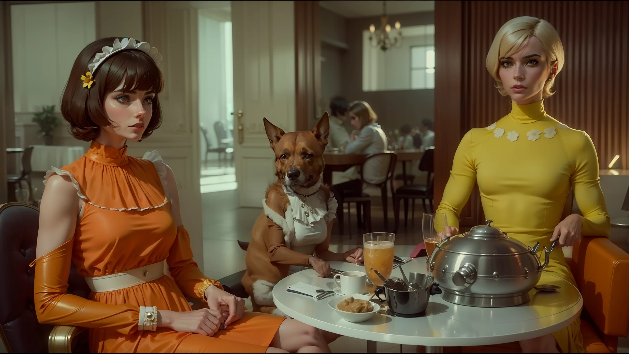 araffe and a woman sitting at a table with a dog, man from uncle, still from a music video, wearing a designer top, lemonade, understated aesthetic, by Pierre Laffillé, two girls, leeloo outfit, daisy --auto --s2