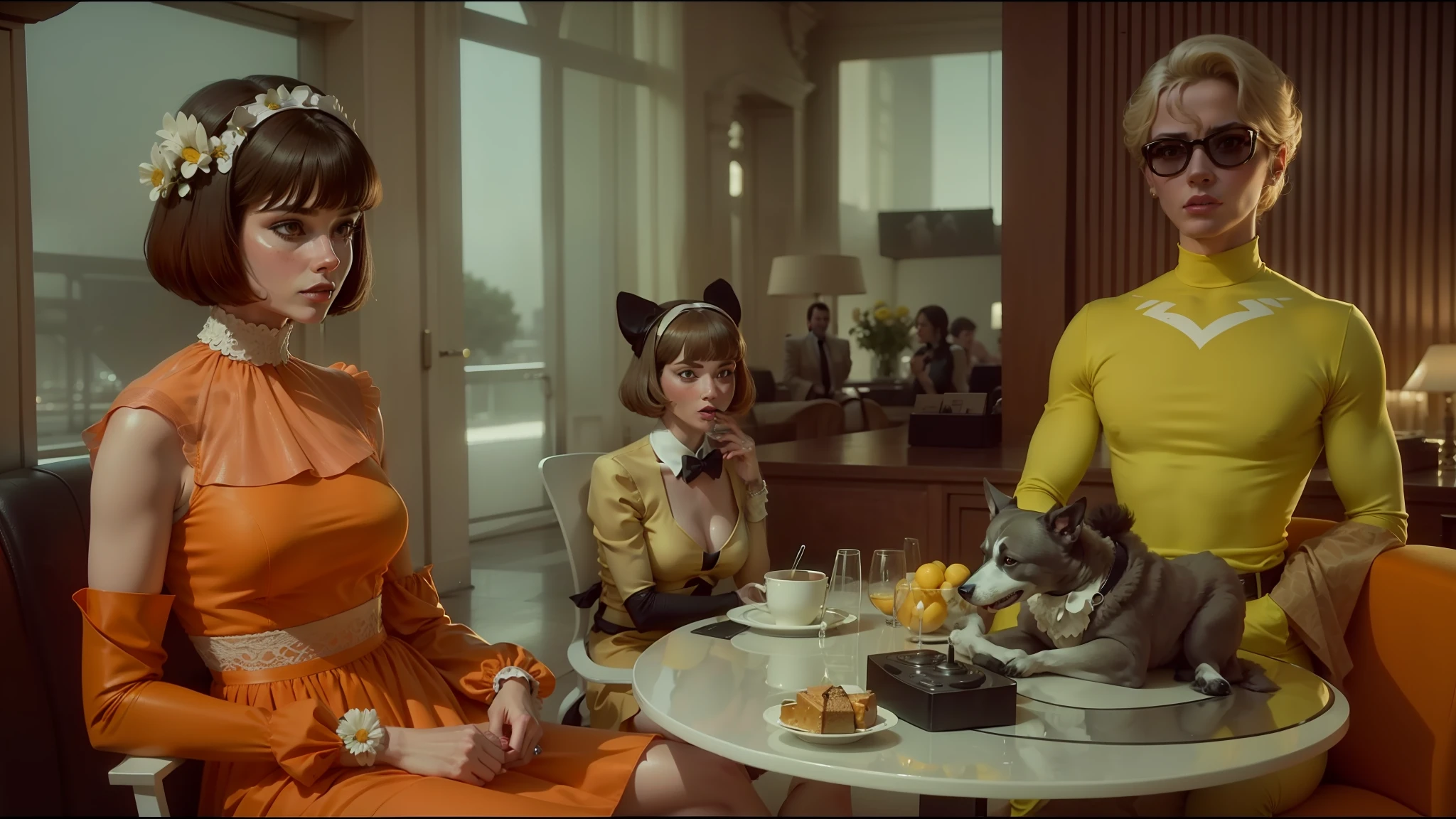 araffe and a woman sitting at a table with a dog, man from uncle, still from a music video, wearing a designer top, lemonade, understated aesthetic, by Pierre Laffillé, two girls, leeloo outfit, daisy --auto --s2