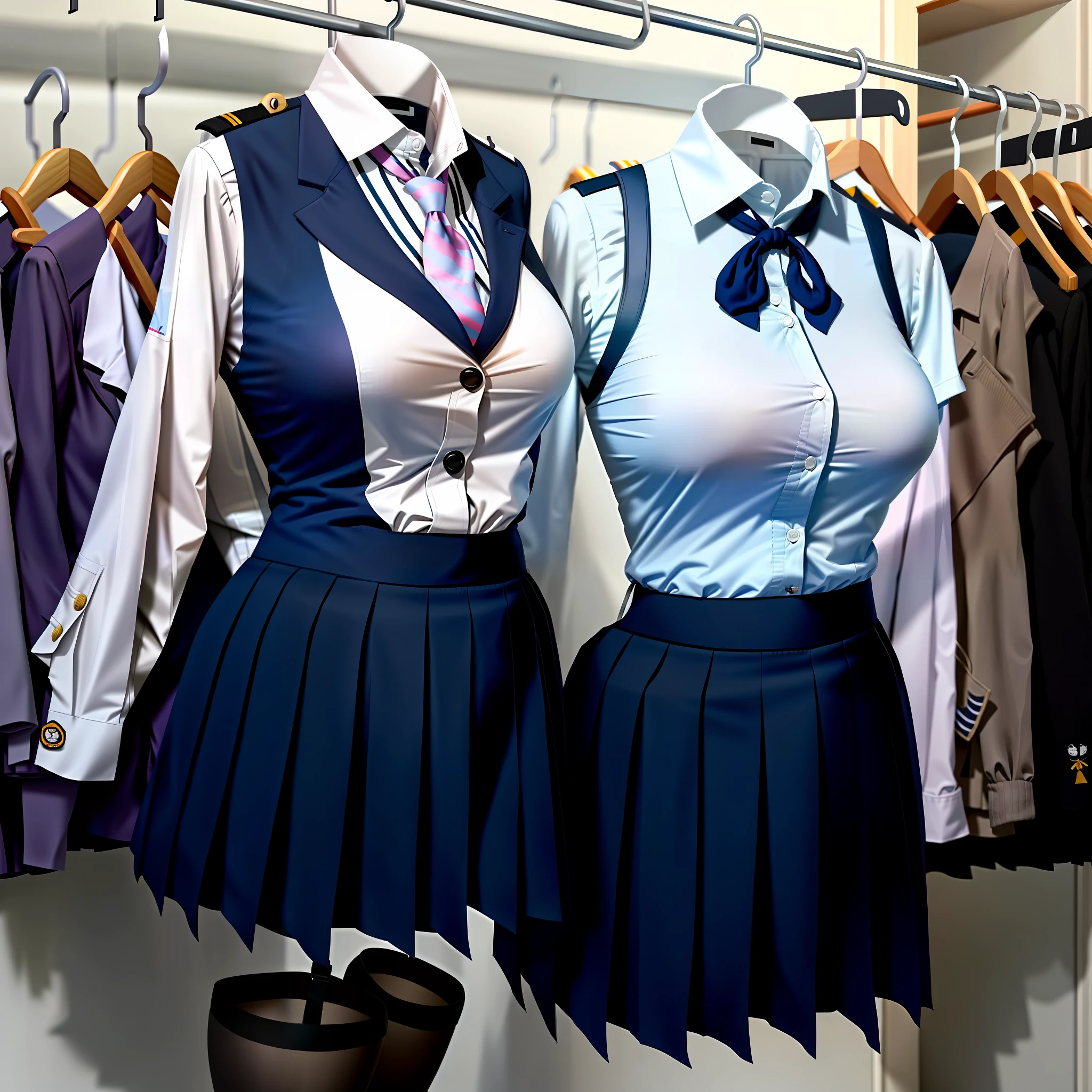 Invisible girls, world without humans, headless, sailer uniforms, (realistic: 0), headless, empty, handless, headless, invisible girls, sailer school uniforms with cleavages, empty clothes, invisible body, invisible head, empty clothes, invisible girl, uniforms with cleavages, invisible body, invisible head, school uniforms has big breasts and cleavages, tights, hanger uniforms in a closet swells as if worn by invisible busty girls, girl's busty uniforms begin to pose on its own as if worn by invisible girls, school uniforms with vests