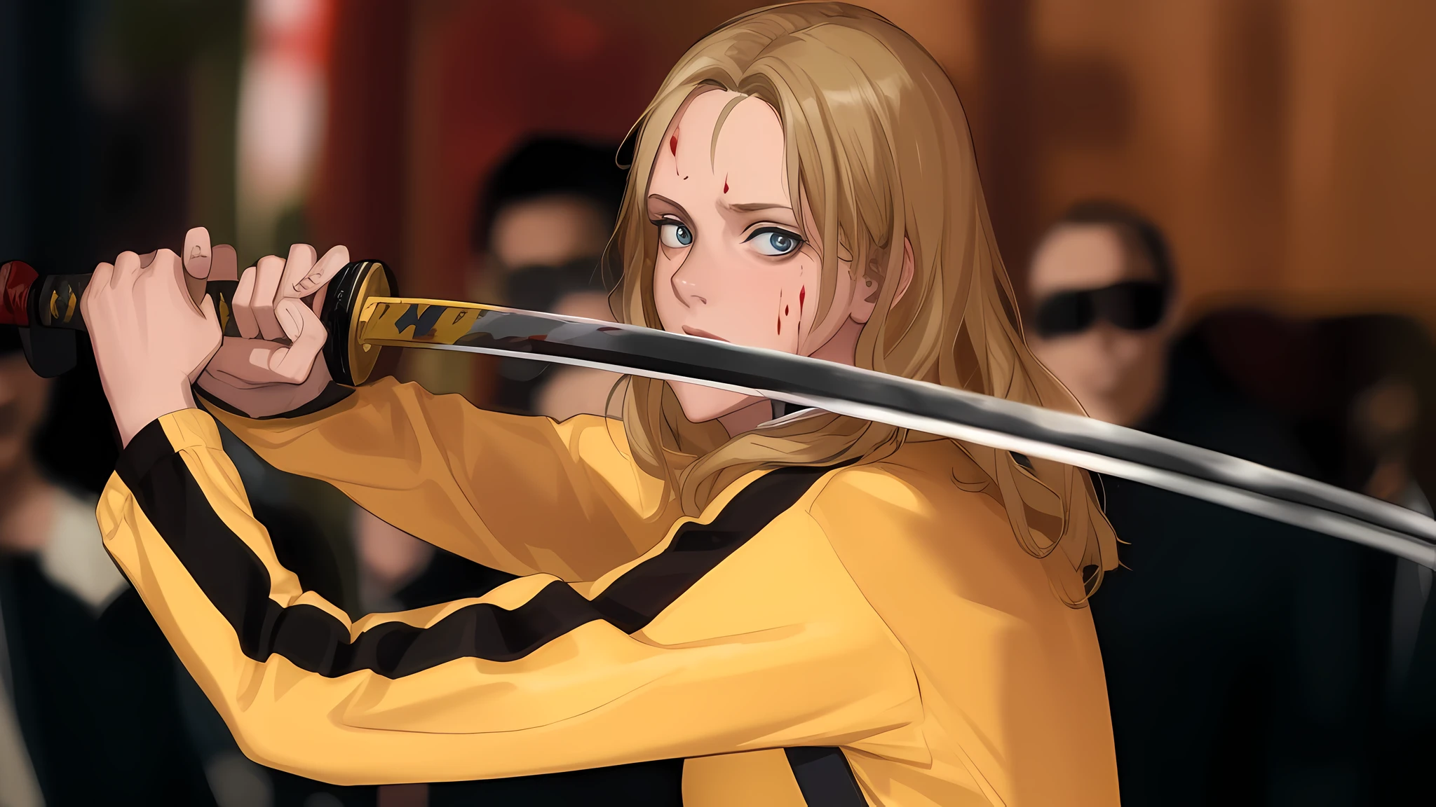(masterpiece, best quality:1.4), photo, Woman in yellow shirt holding a sword in front of a crowd, Uma Thurman in Kill Bill, blood on her face, sweaty hair, blood on her face, Uma Thurman, wielding a katana, holding a katana sword, holding a sword, looking at viewer