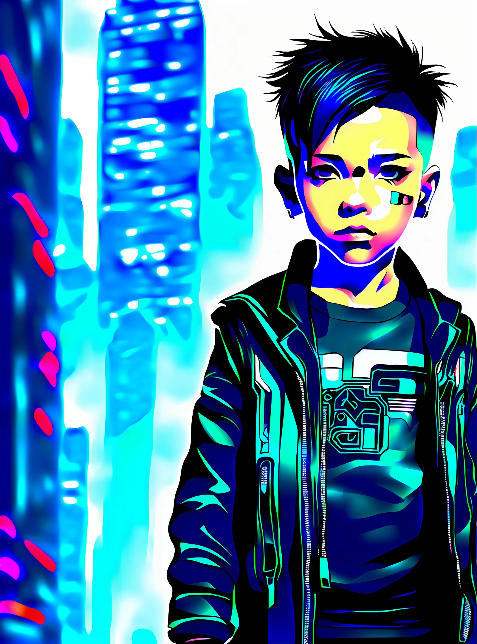 Anime character, child, boy, cyberpunk style with futuristic background