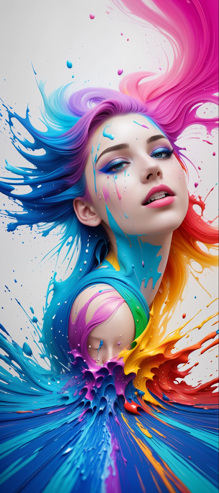 (level difference: 1.8),(Painting colliding and splashing on canvas),(depth of field),1the girl's side face blends into it,(side face),open mouth,(rainbow hair liquid paint:1.1) made of paint and defies gravity, thick flow, (ink splashes: 1.3), liquid state, gorgeous, masterpiece, detailed background, high quality model, Ethereal background, abstract beauty, explosive volume, oil painting, heavy brushstrokes, romantic lighting, sub-surface Scattering, lens 135mm, f1.8, brightness, 8k, high resolution, dreamy, ray tracing, hdr, divine rays, white background, t-shirt design, centered