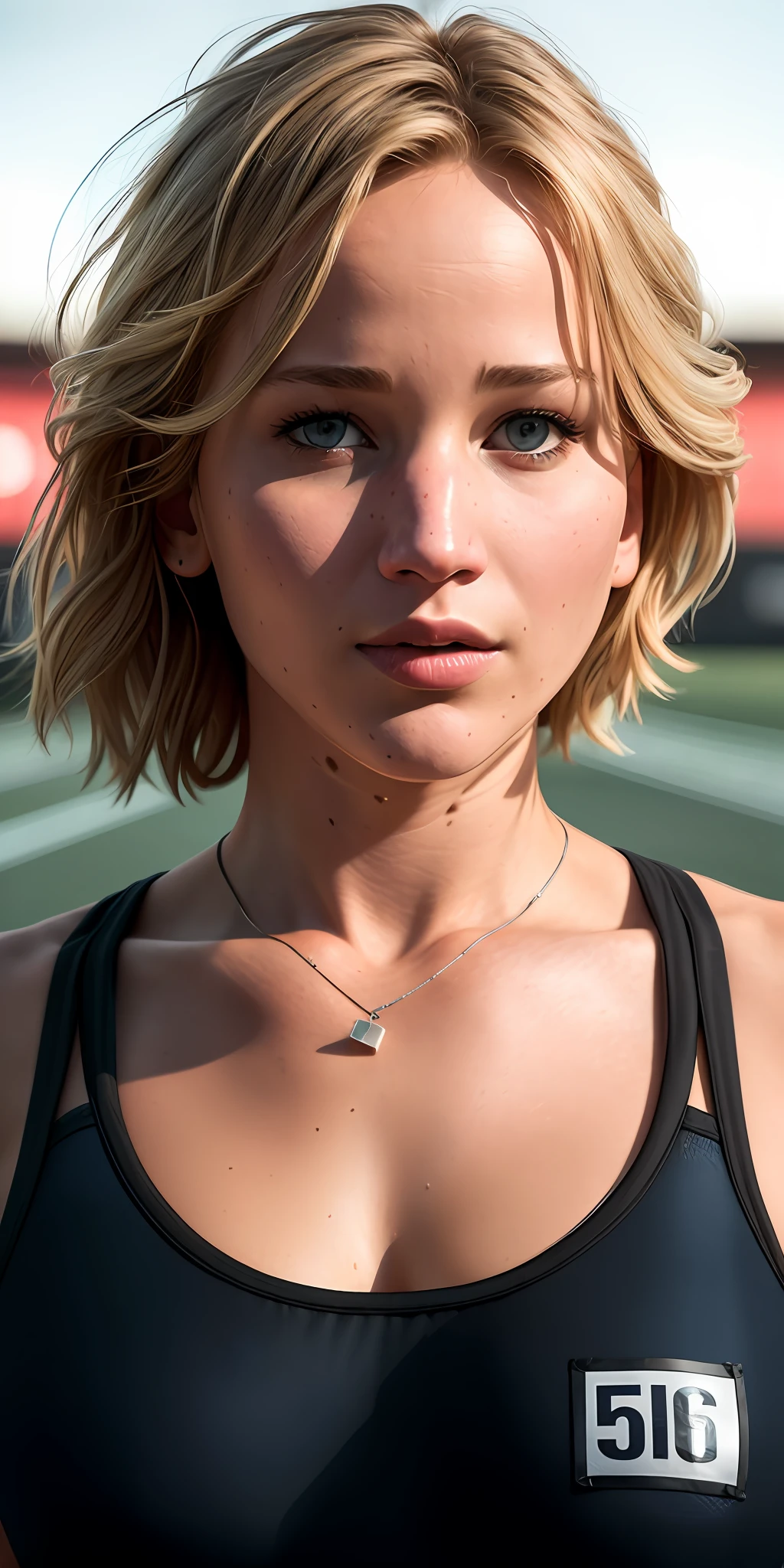 beautiful mature Swedish college girl(Jennifer Lawrence), in track outfit, outside on track field, ((slim, petite)), photorealistic, photo, masterpiece, realistic, realism, photorealism, high contrast, photorealistic digital art trending on Artstation 8k HD high definition detailed realistic, detailed, skin texture, hyper detailed, realistic skin texture, armature, best quality, ultra high res, (photorealistic:1.4),, high resolution, detailed, raw photo, sharp re, by lee jeffries nikon d850 film stock photograph 4 kodak portra 400 camera f1.6 lens rich colors hyper realistic lifelike texture dramatic lighting unrealengine trending on artstation cinestill 800,
