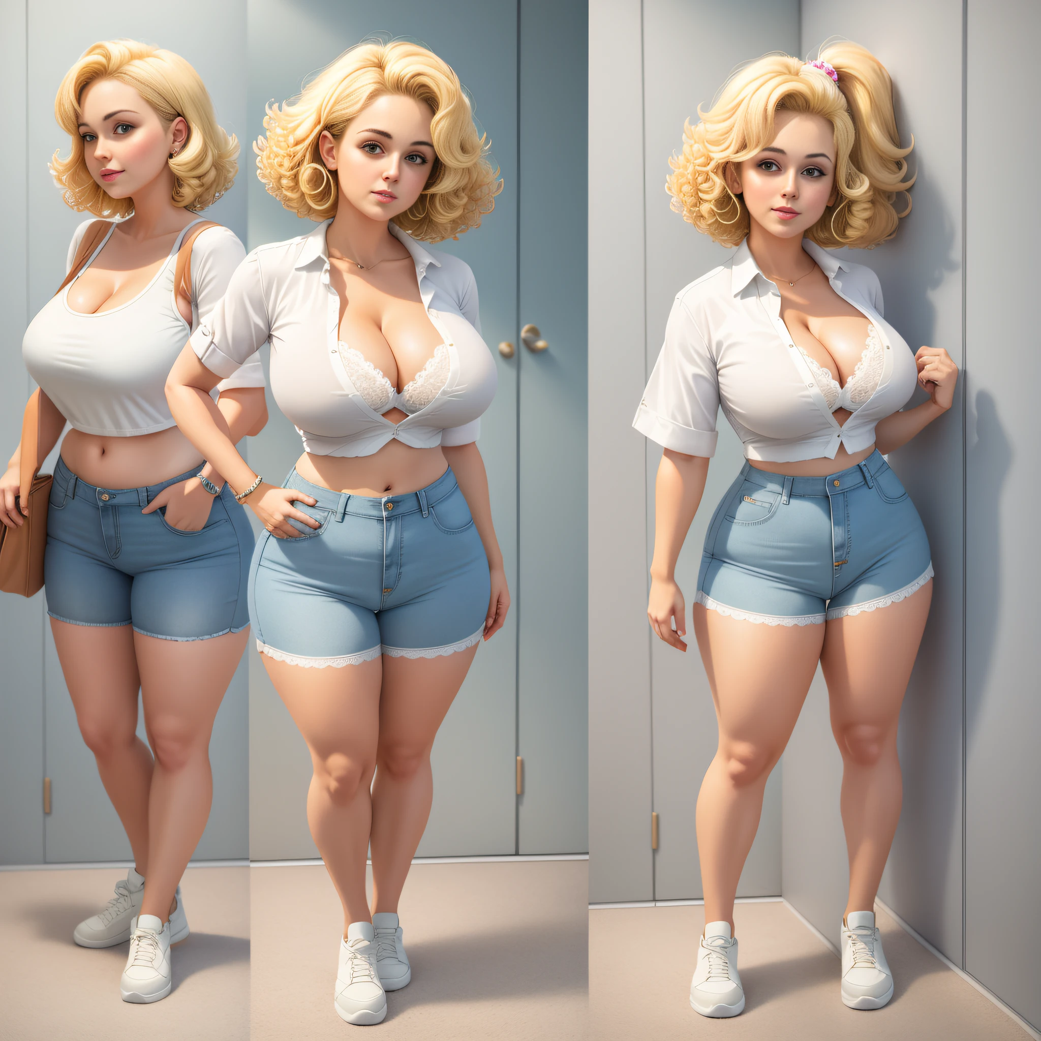 full body portrait, Meg Griffin 1980s \(style\), 1 anime girl, blonde hair, retro artstyle, short curly hair, solo, unbutton_shirt, (natural_breasts:1.2), medium_breasts, cleavage, white bra showing, lace white bra, full body shot, model pose, shoes visible, ass view, face view, multiple viwes,