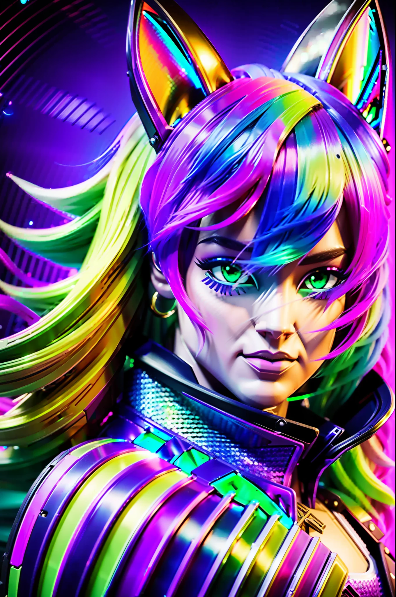 Portrait of an Anthropomorphic Dragon Rainbow hair color Futuristic Jumpsuit Retro oufit style Worried expression Fashion style Fish-Cat Asymmetrical Over the shoulder shot Pink color High details clean background with soft shadows and highlights. Unreal Engine rendering engine Monochromatic Photorealistic DeviantArt Soft Photorealistic Deep Depth 4k PNG Photography award Fujifilm X-T4 f/1.4 100mm Unreal Engine --ar 16:9