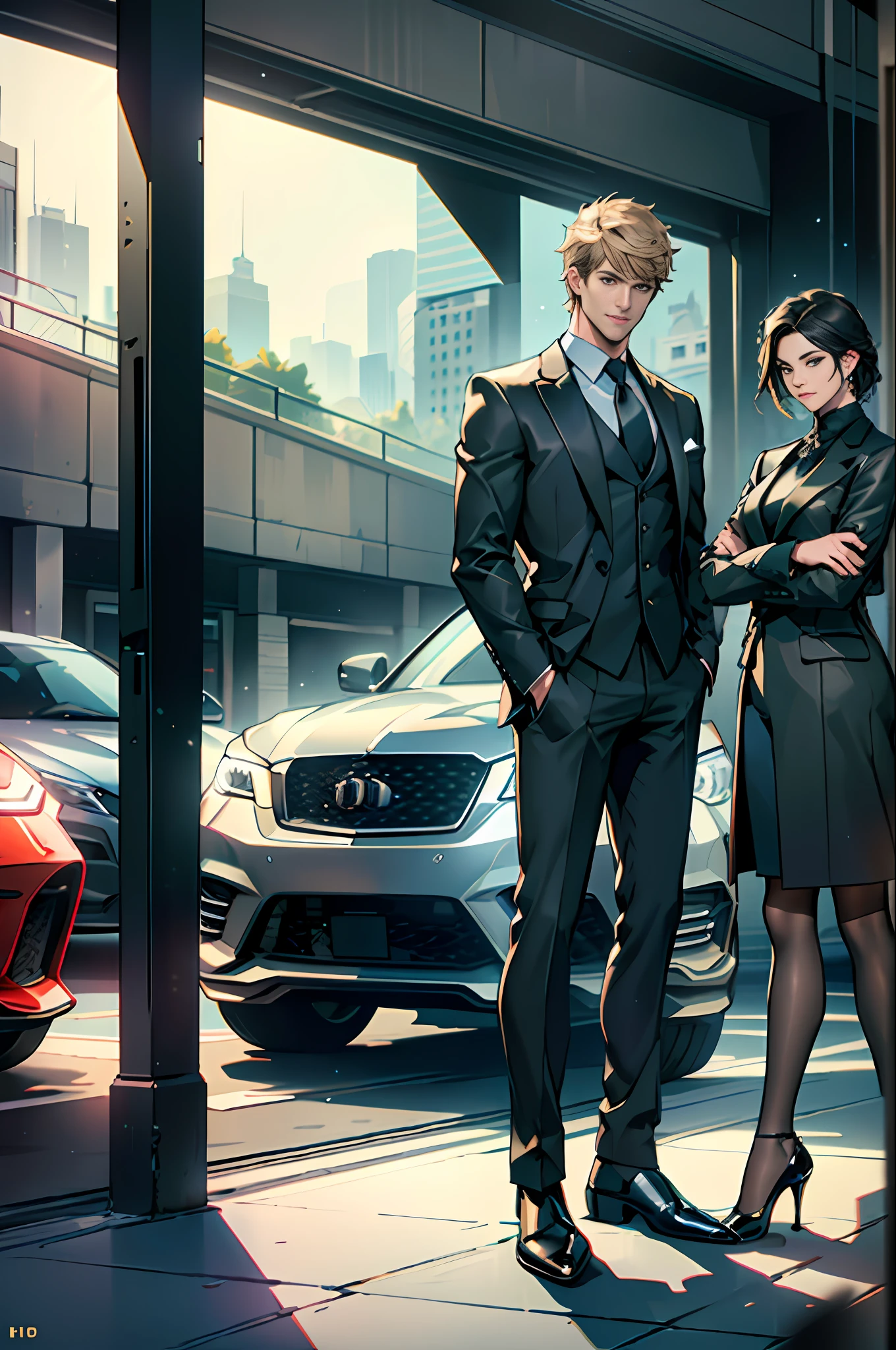 Duo, ((male focus)), ((realistic lighting, best quality, 8k, masterpiece: 1.3)), sharp focus: 1.2, (detailed face: 1.2), 1boy, handsome, dashing man, black suit, standing next to luxury car, 1girl, royal sister, back against man, good lighting quality.