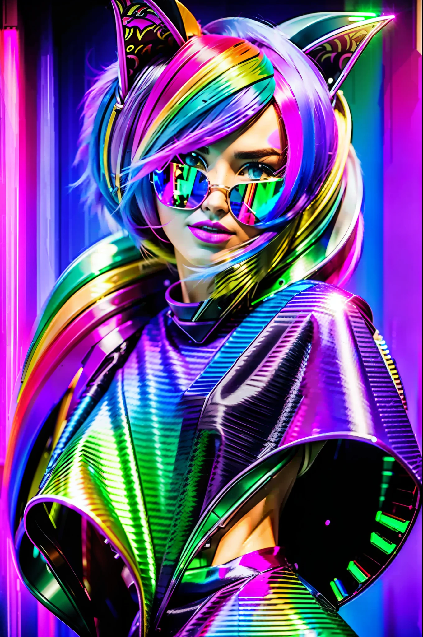 Portrait of an Anthropomorphic Dragon Rainbow hair color Futuristic Jumpsuit Retro oufit style Worried expression Fashion style Fish-Cat Asymmetrical Over the shoulder shot Pink color High details clean background with soft shadows and highlights. Unreal Engine rendering engine Monochromatic Photorealistic DeviantArt Soft Photorealistic Deep Depth 4k PNG Photography award Fujifilm X-T4 f/1.4 100mm Unreal Engine --ar 16:9