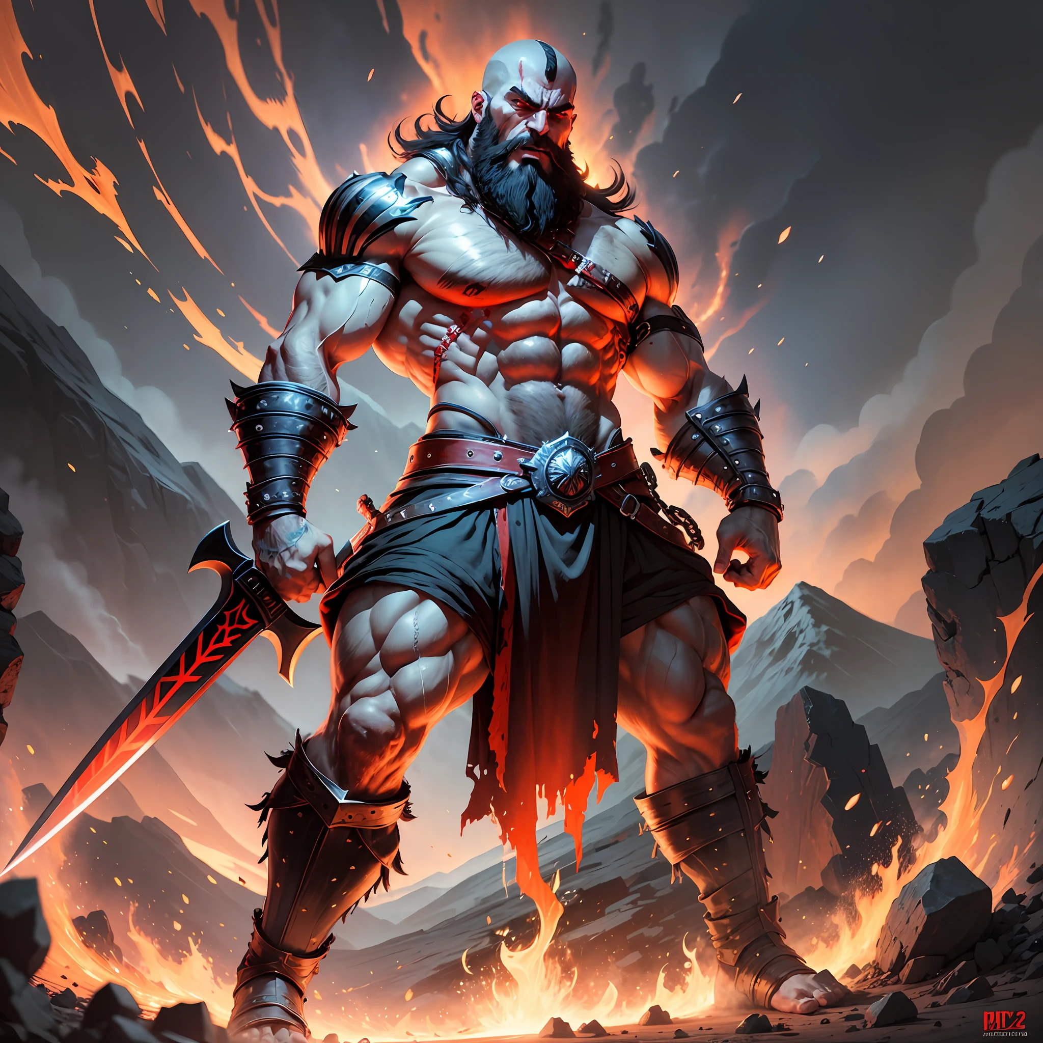 A man who looks like Kratos, black beard, very short black hair, black sword, battle suit with muscles, very angry and angry look, blood on his body and face, standing, red sky, under his feet is a mountain of human corpses, in one From his hands is the severed head of Zeus --auto --s2