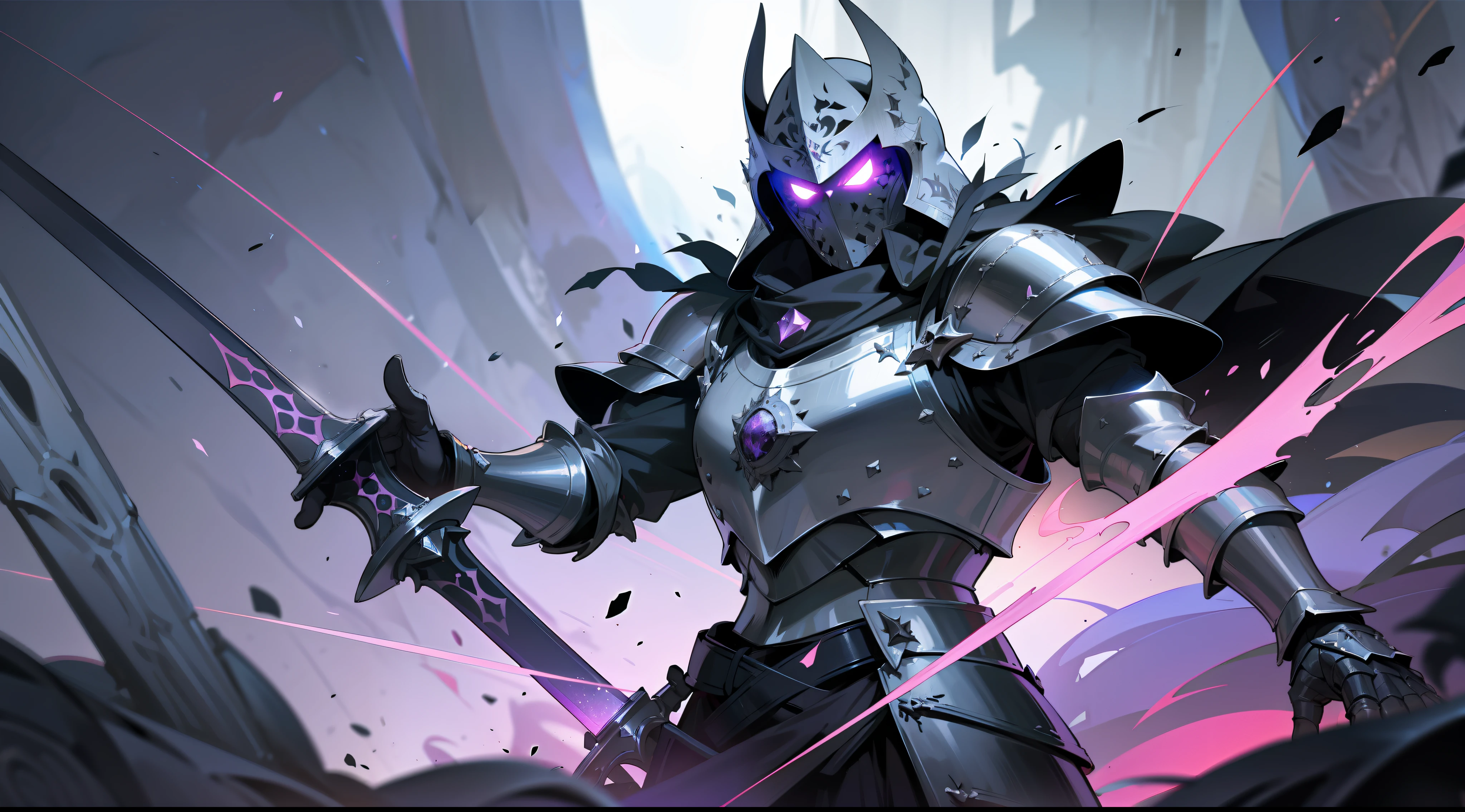 a mad angry medieval dark knight, detailed armor, detailed helmet, detailed large black sword, mystic dark jewels in the armor, cosmic dark hole background