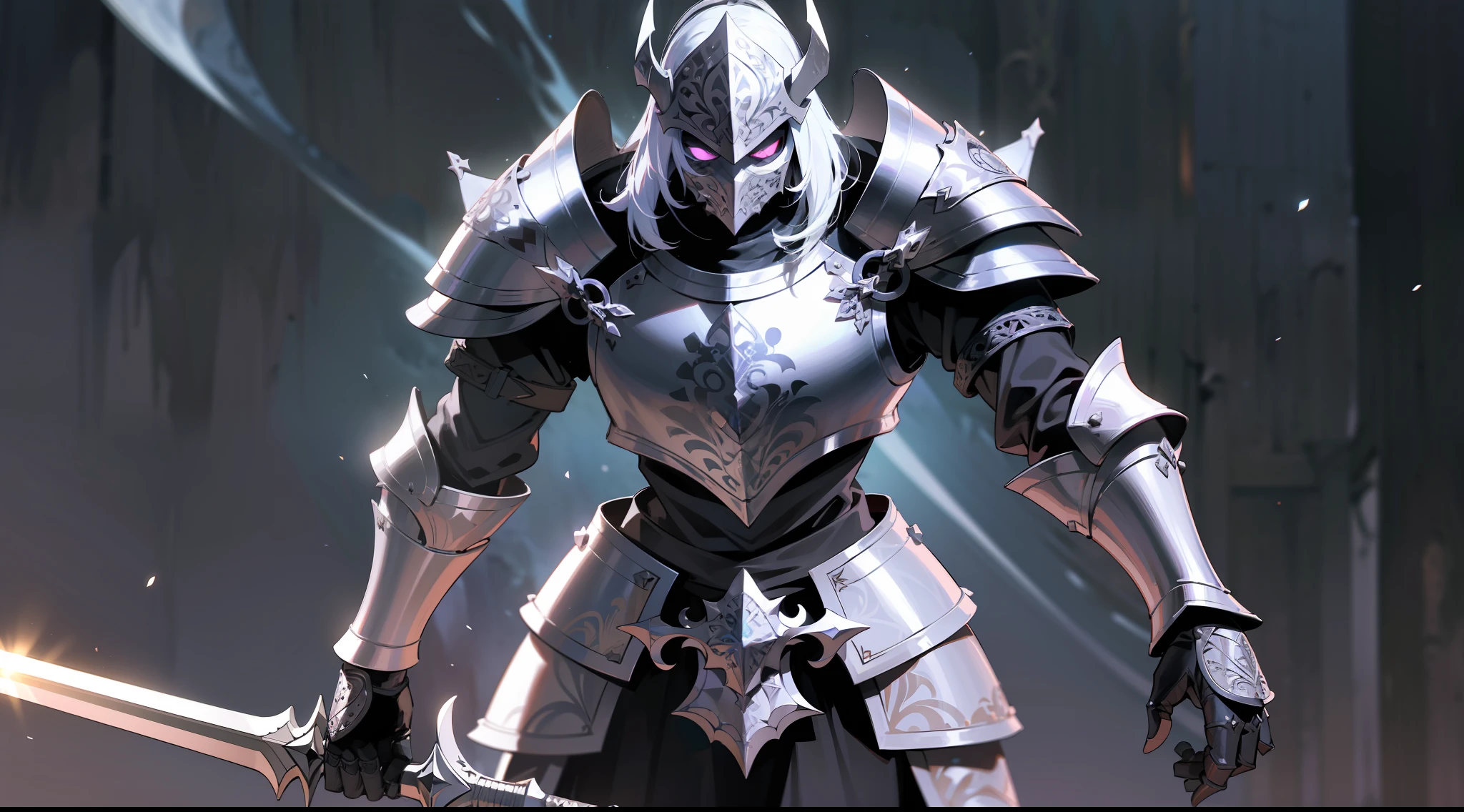 a mad angry medieval black armor paladin, intricate detailed armor, full gauntlets, intricate detailed helmet, detailed large black sword, mystic dark jewels in the armor, cosmic dark hole background